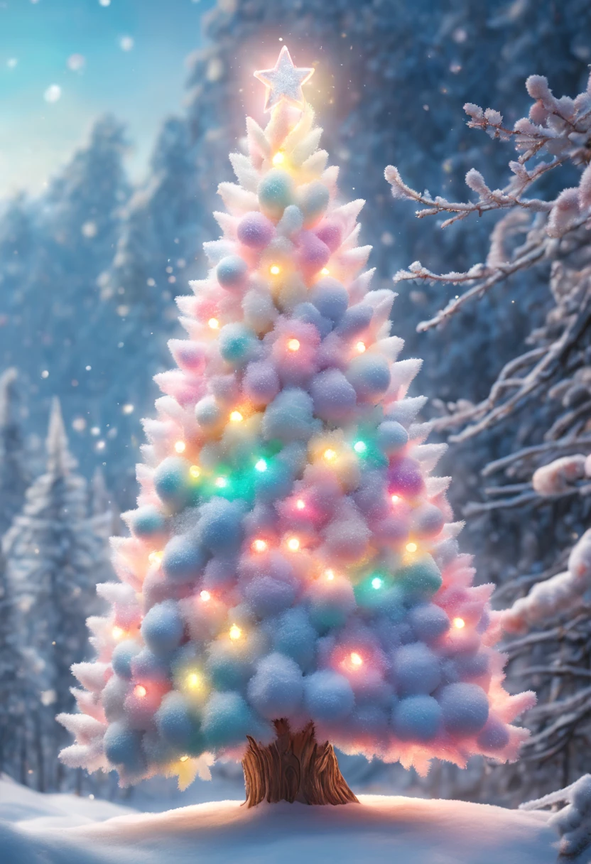 Fluffy Marshmallow Christmas Tree,(Best quality at best,4K,8K,A high resolution,tmasterpiece:1.2),ultra - detailed,(actual,realisticlying,照片般realisticlying:1.37),sweet,Vibrant colors,whimsically,Huge tree,sugar coated leaves,imagining,intriguing,light and ventilation,delight,Fantastical、edible、indulgent、The tall、Pleasant、Exhilarating、Rainbow、Candy heaven,sparkling decorations,Delicious candy bars,Shining Christmas lights,holiday decorations,Twinkling snowflakes,Comfortable winter environment,Pleasant节日气氛,starrysky,Twinkling stars,Crisp winter air,winter fairy tale,