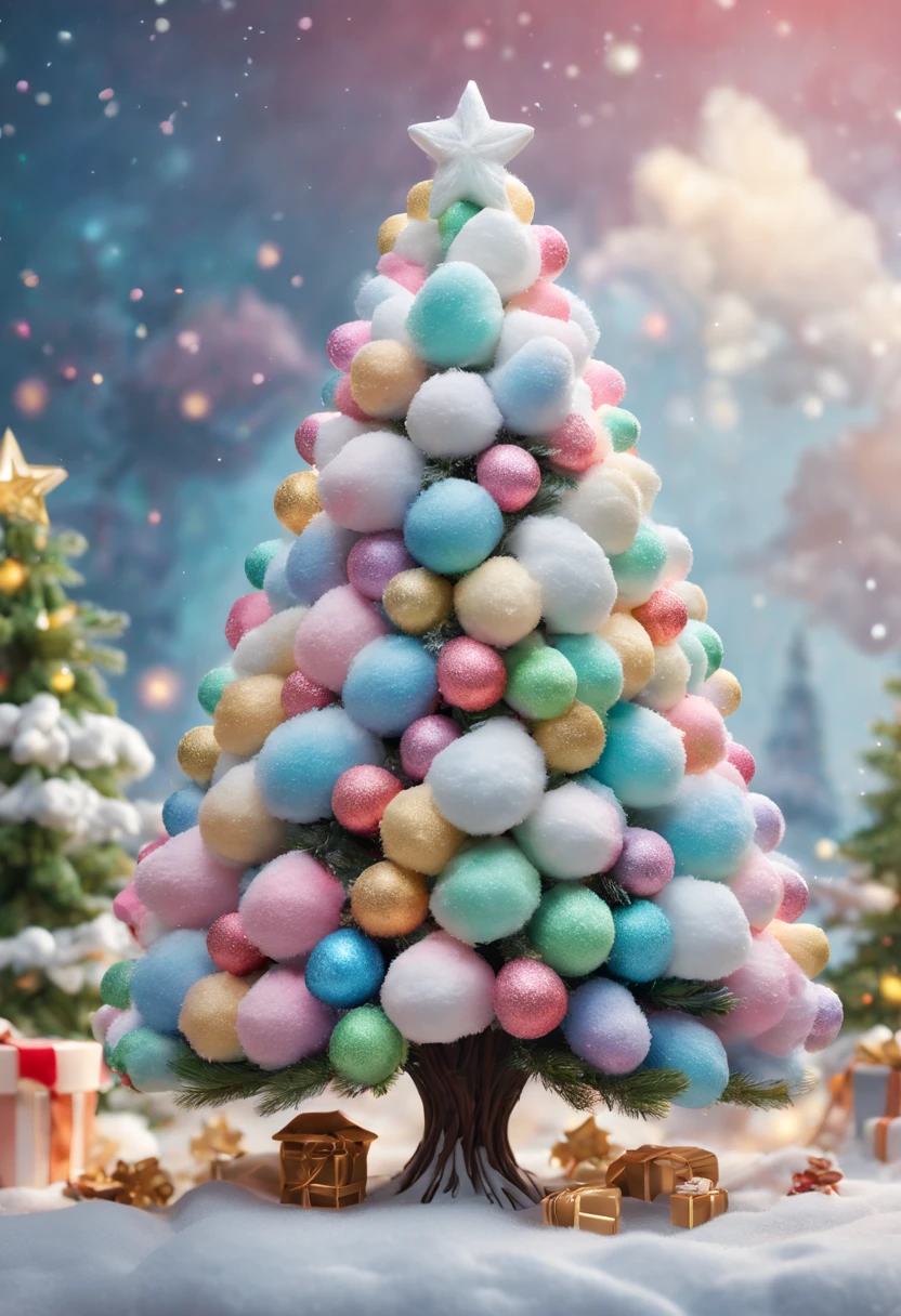 Fluffy Marshmallow Christmas Tree,(Best quality at best,4K,8K,A high resolution,tmasterpiece:1.2),ultra - detailed,(actual,realisticlying,照片般realisticlying:1.37),sweet,Vibrant colors,whimsically,Huge tree,sugar coated leaves,imagining,intriguing,light and ventilation,delight,Fantastical、edible、indulgent、The tall、Pleasant、Exhilarating、Rainbow、Candy heaven,sparkling decorations,Delicious candy bars,Shining Christmas lights,holiday decorations,Twinkling snowflakes,Comfortable winter environment,Pleasant节日气氛,starrysky,Twinkling stars,Crisp winter air,winter fairy tale,