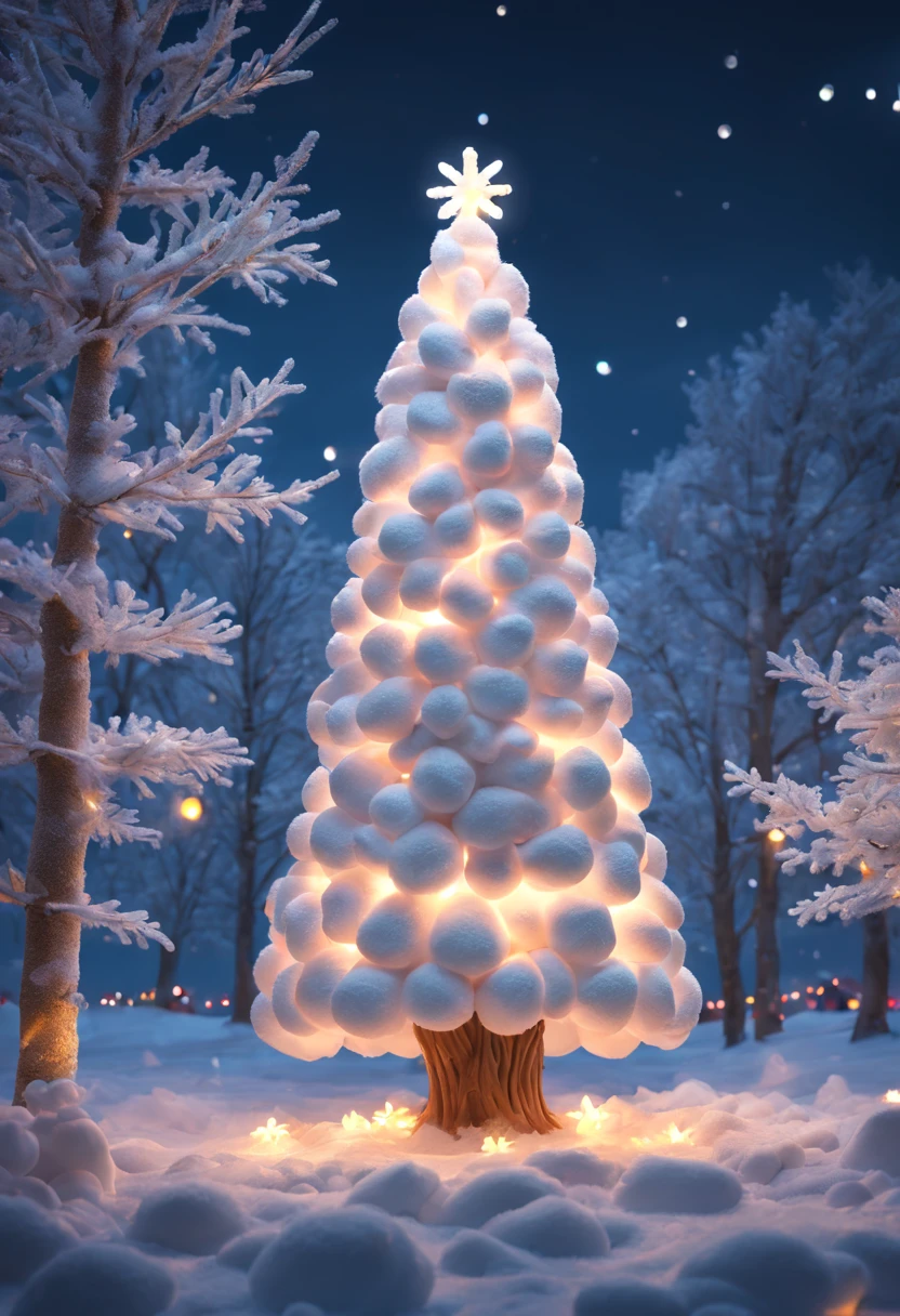 Fluffy Marshmallow Christmas Tree,(Best quality at best,4K,8K,A high resolution,tmasterpiece:1.2),ultra - detailed,(actual,realisticlying,照片般realisticlying:1.37),sweet，Vibrant colors，whimsically，Huge tree，sugar coated leaves，imagining，intriguing，light and ventilation，delight，Fantastical、edible、indulgent、The tall、Pleasant、Exhilarating、Rainbow、Candy heaven，sparkling decorations，Delicious candy bars，Shining Christmas lights，holiday decorations，Twinkling snowflakes，Comfortable winter environment，Pleasant节日气氛，starrysky，Twinkling stars，Crisp winter air，winter fairy tale，