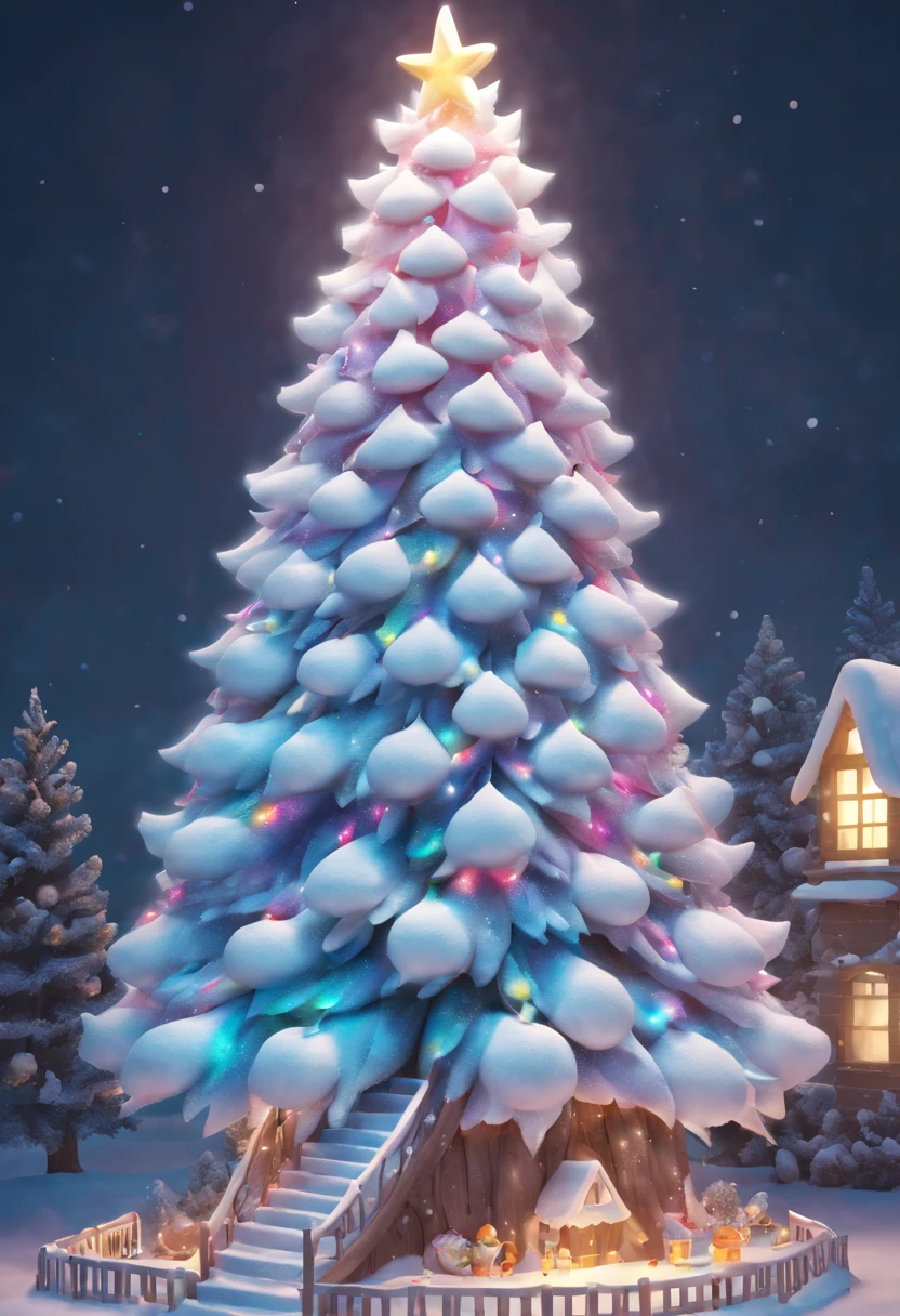 Fluffy Marshmallow Christmas Tree,(Best quality at best,4K,8K,A high resolution,tmasterpiece:1.2),ultra - detailed,(actual,realisticlying,照片般realisticlying:1.37),sweet，Vibrant colors，whimsically，Huge tree，sugar coated leaves，imagining，intriguing，light and ventilation，delight，Fantastical、edible、indulgent、The tall、Pleasant、Exhilarating、Rainbow、Candy heaven，sparkling decorations，Delicious candy bars，Shining Christmas lights，holiday decorations，Twinkling snowflakes，Comfortable winter environment，Pleasant节日气氛，starrysky，Twinkling stars，Crisp winter air，winter fairy tale，