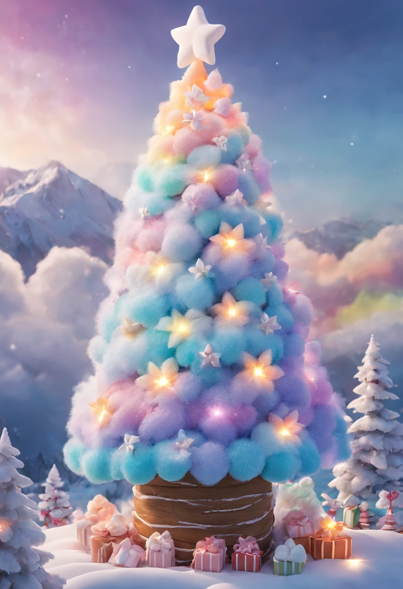 Fluffy Marshmallow Christmas Tree,(Best quality at best,4K,8K,A high resolution,tmasterpiece:1.2),ultra - detailed,(actual,realisticlying,照片般realisticlying:1.37),sweet,Vibrant colors,whimsically,Huge tree,sugar coated leaves,imagining,intriguing,light and ventilation,delight,Fantastical、edible、indulgent、The tall、Pleasant、Exhilarating、Rainbow、Candy heaven,sparkling decorations,Delicious candy bars,Shining Christmas lights,holiday decorations,Twinkling snowflakes,Comfortable winter environment,Pleasant节日气氛,starrysky,Twinkling stars,Crisp winter air,winter fairy tale,