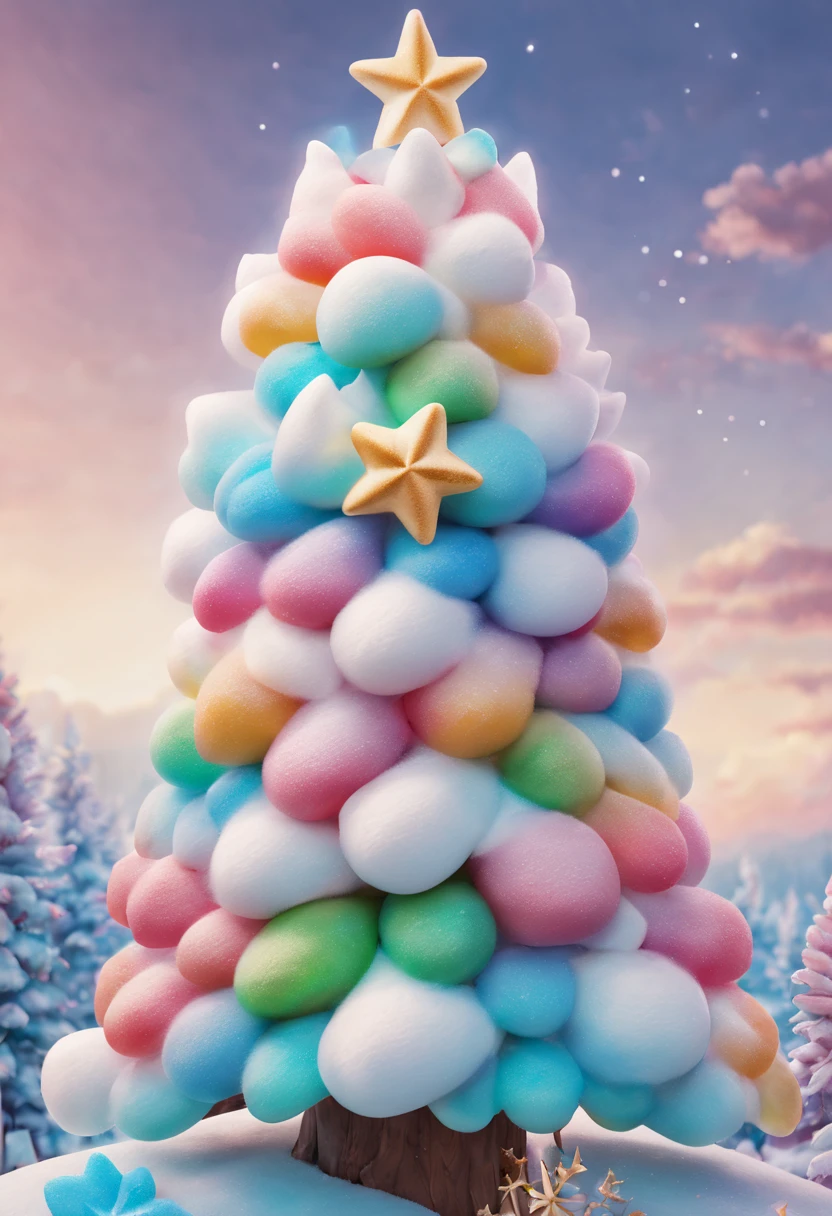 Fluffy Marshmallow Christmas Tree,(Best quality at best,4K,8K,A high resolution,tmasterpiece:1.2),ultra - detailed,(actual,realisticlying,照片般realisticlying:1.37),sweet,Vibrant colors,whimsically,Huge tree,sugar coated leaves,imagining,intriguing,light and ventilation,delight,Fantastical、edible、indulgent、The tall、Pleasant、Exhilarating、Rainbow、Candy heaven,sparkling decorations,Delicious candy bars,Shining Christmas lights,holiday decorations,Twinkling snowflakes,Comfortable winter environment,Pleasant节日气氛,starrysky,Twinkling stars,Crisp winter air,winter fairy tale,