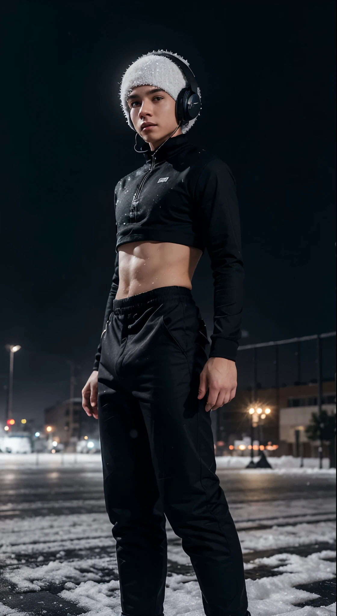 A boy stands in a winter city, boy dressed in a short crop top and black pants, Short top, crop top, black pants, It's snowing, the boy has headphones on his head, headphones on head, he's wearing headphones, crop top, black pants