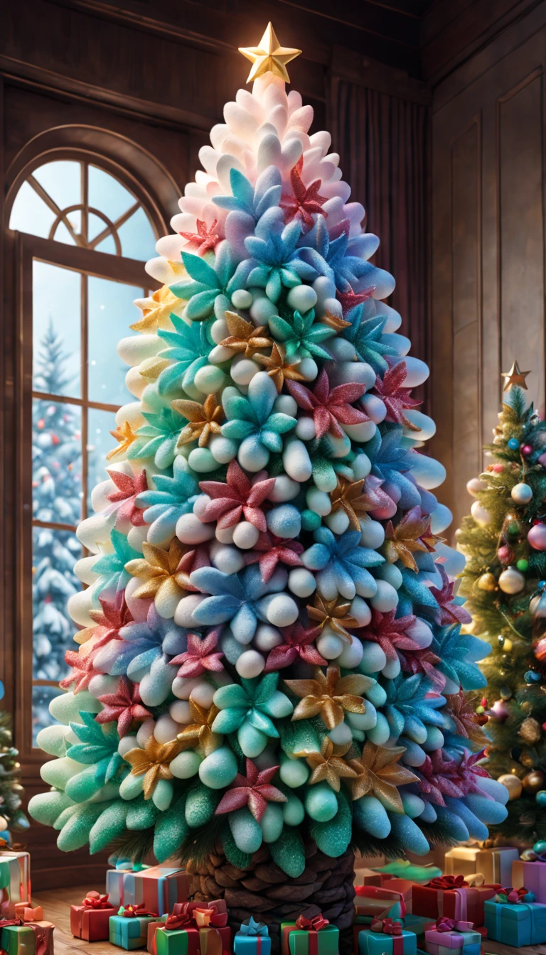 Fluffy Marshmallow Christmas Tree,(Best quality at best,4K,8K,A high resolution,tmasterpiece:1.2),ultra - detailed,(actual,realisticlying,照片般realisticlying:1.37),sweet，Vibrant colors，whimsically，Huge tree，sugar coated leaves，imagining，intriguing，light and ventilation，delight，Fantastical、edible、indulgent、The tall、Pleasant、Exhilarating、Rainbow、Candy heaven，sparkling decorations，Delicious candy bars，Shining Christmas lights，holiday decorations，Twinkling snowflakes，Comfortable winter environment，Pleasant节日气氛，starrysky，Twinkling stars，Crisp winter air，winter fairy tale，