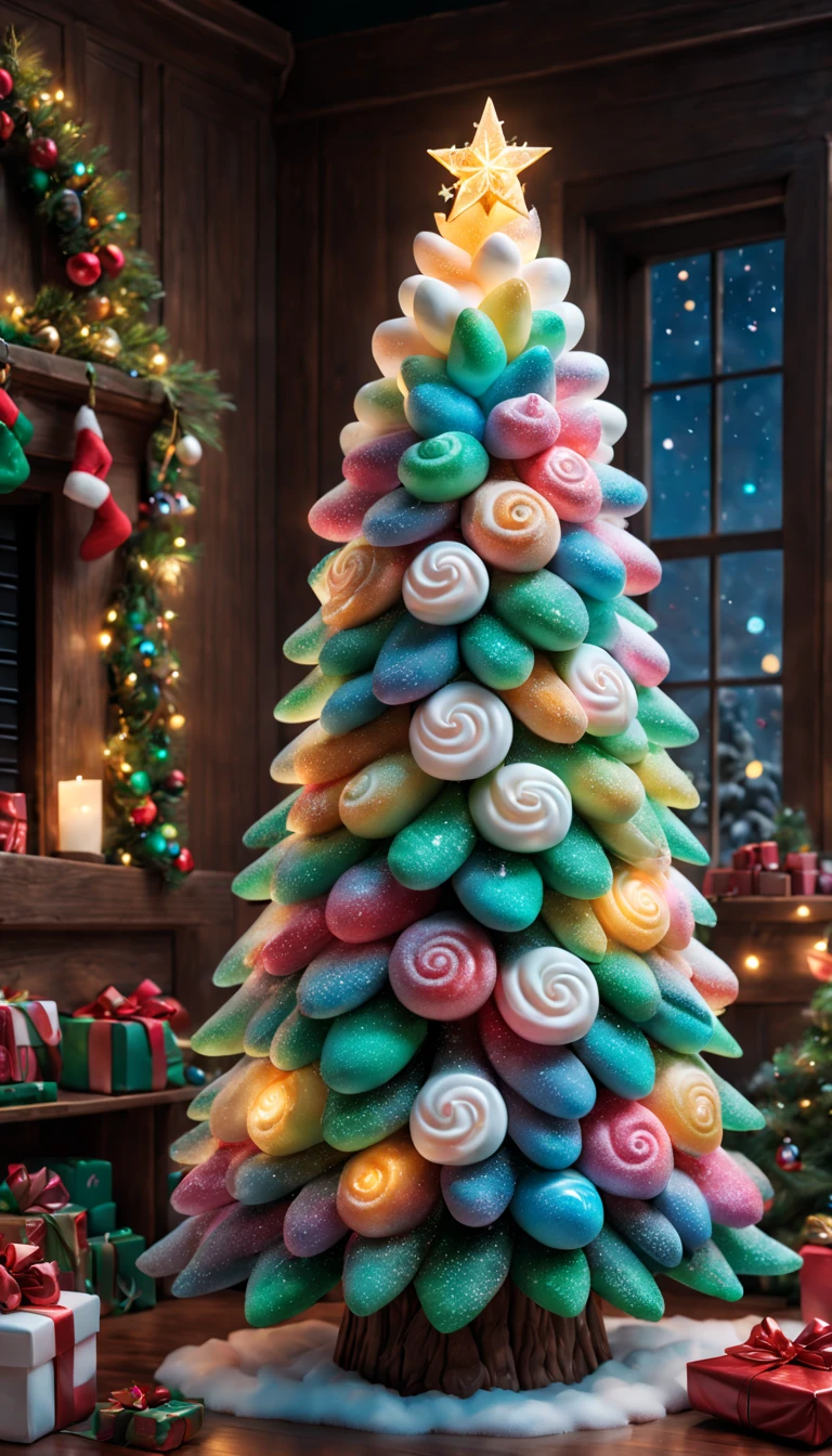 Fluffy Marshmallow Christmas Tree,(Best quality at best,4K,8K,A high resolution,tmasterpiece:1.2),ultra - detailed,(actual,realisticlying,照片般realisticlying:1.37),sweet,Vibrant colors,whimsically,Huge tree,sugar coated leaves,imagining,intriguing,light and ventilation,delight,Fantastical、edible、indulgent、The tall、Pleasant、Exhilarating、Rainbow、Candy heaven,sparkling decorations,Delicious candy bars,Shining Christmas lights,holiday decorations,Twinkling snowflakes,Comfortable winter environment,Pleasant节日气氛,starrysky,Twinkling stars,Crisp winter air,winter fairy tale,