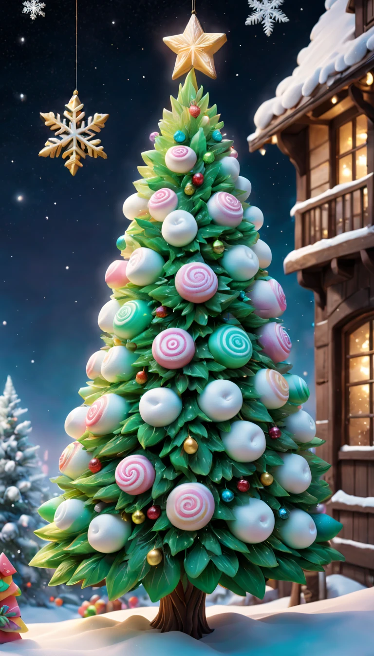 Fluffy Marshmallow Christmas Tree,(Best quality at best,4K,8K,A high resolution,tmasterpiece:1.2),ultra - detailed,(actual,realisticlying,照片般realisticlying:1.37),sweet，Vibrant colors，whimsically，Huge tree，sugar coated leaves，imagining，intriguing，light and ventilation，delight，Fantastical、edible、indulgent、The tall、Pleasant、Exhilarating、Rainbow、Candy heaven，sparkling decorations，Delicious candy bars，Shining Christmas lights，holiday decorations，Twinkling snowflakes，Comfortable winter environment，Pleasant节日气氛，starrysky，Twinkling stars，Crisp winter air，winter fairy tale，