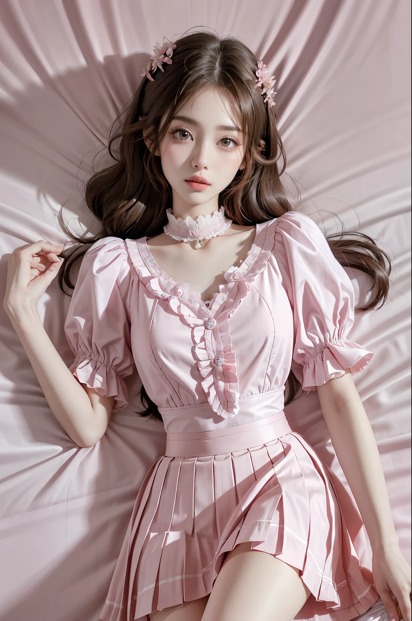 pleated skirt,pink skirt,pink sailor collar,, Best quality,Ultra-detailed,Realistic,A high resolution,Portrait,Beautiful woman, Palatial bed,ornate bed,Flawless makeup,suns rays,Beauty,elicate and refined,Stunning,