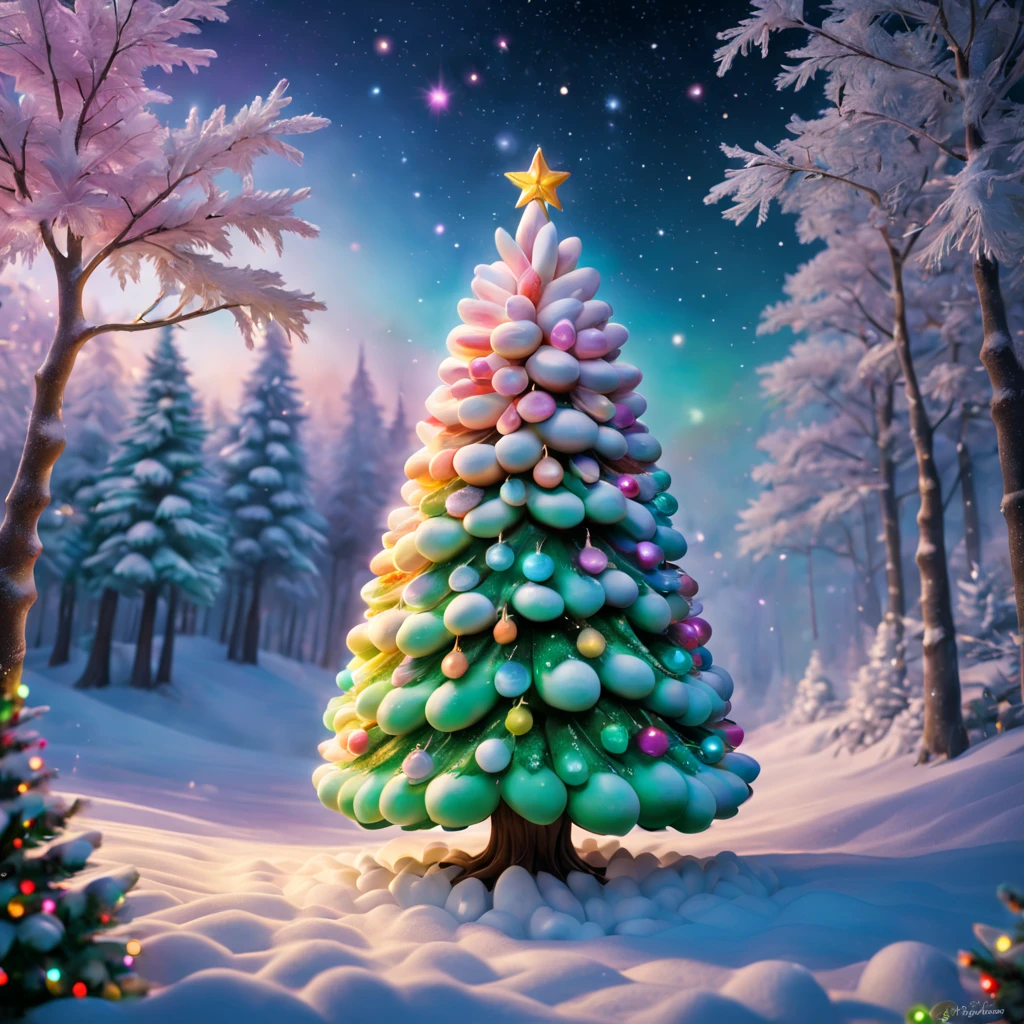 Fluffy Marshmallow Christmas Tree,(Best quality at best,4K,8K,A high resolution,tmasterpiece:1.2),ultra - detailed,(actual,realisticlying,照片般realisticlying:1.37),sweet,Vibrant colors,whimsically,Huge tree,sugar coated leaves,imagining,intriguing,light and ventilation,delight,Fantastical、edible、indulgent、The tall、Pleasant、Exhilarating、Rainbow、Candy heaven,sparkling decorations,Delicious candy bars,Shining Christmas lights,holiday decorations,Twinkling snowflakes,Comfortable winter environment,Pleasant节日气氛,starrysky,Twinkling stars,Crisp winter air,winter fairy tale,