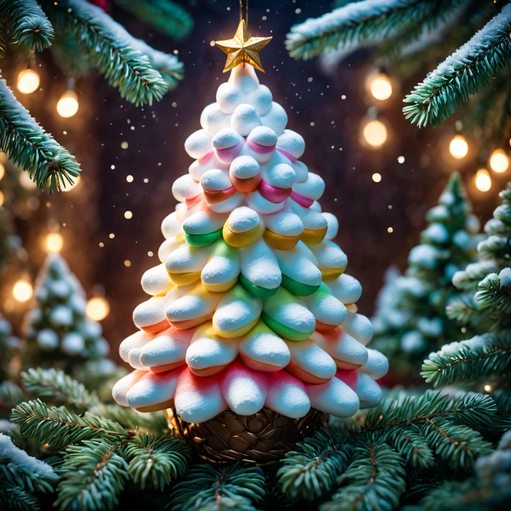 Fluffy Marshmallow Christmas Tree,(Best quality at best,4K,8K,A high resolution,tmasterpiece:1.2),ultra - detailed,(actual,realisticlying,照片般realisticlying:1.37),sweet,Vibrant colors,whimsically,Huge tree,sugar coated leaves,imagining,intriguing,light and ventilation,delight,Fantastical、edible、indulgent、The tall、Pleasant、Exhilarating、Rainbow、Candy heaven,sparkling decorations,Delicious candy bars,Shining Christmas lights,holiday decorations,Twinkling snowflakes,Comfortable winter environment,Pleasant节日气氛,starrysky,Twinkling stars,Crisp winter air,winter fairy tale,