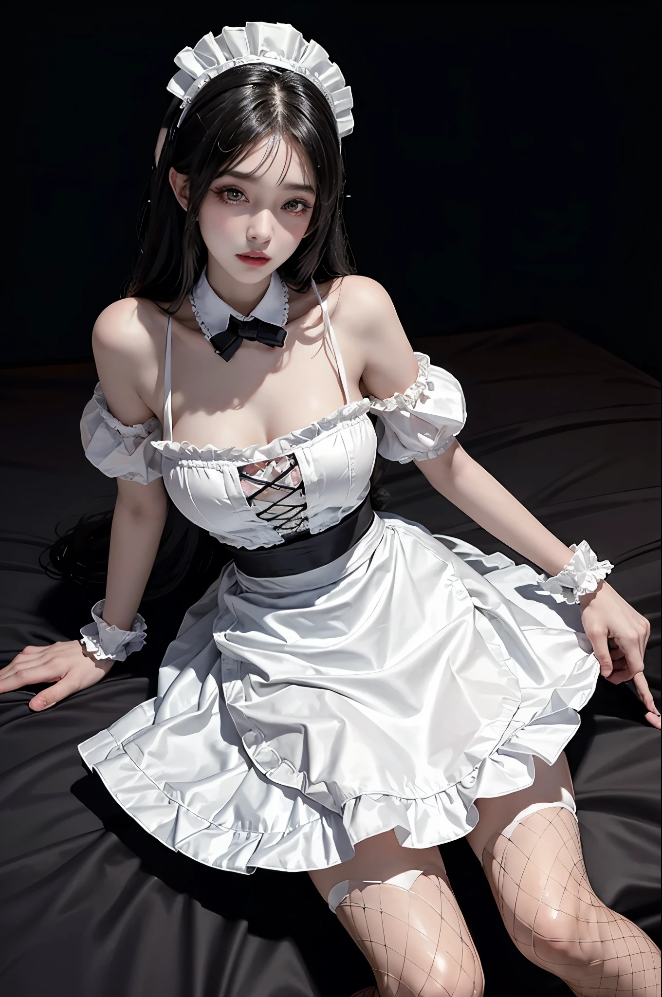 fishnets, apron,skirt,maid headdress,, Best quality,Ultra-detailed,Realistic,A high resolution,Portrait,Beautiful woman, Palatial bed,ornate bed,Flawless makeup,suns rays,Beauty,elicate and refined,Stunning,