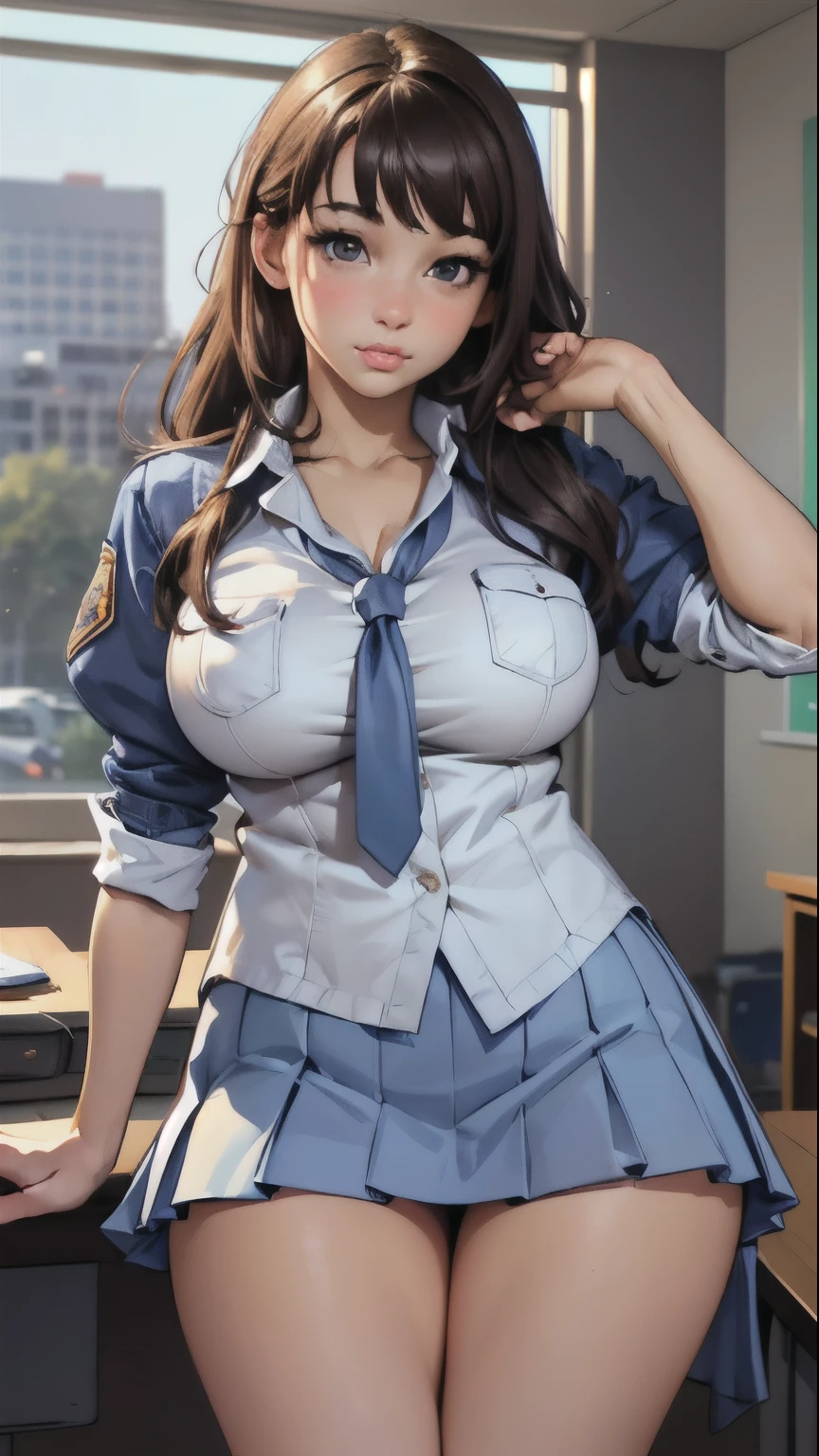 (best quality,4k,8k,highres,masterpiece:1.2),ultra-detailed,(realistic,photorealistic,photo-realistic:1.37),portraits,schoolgirl outfit,blue high cut coat,blue mini skirt,white shirt,perky breasts,beautiful detailed eyes,beautiful detailed lips,shy girl,blushing,thick thighs,bent over desk,classroom lighting,realistic lighting