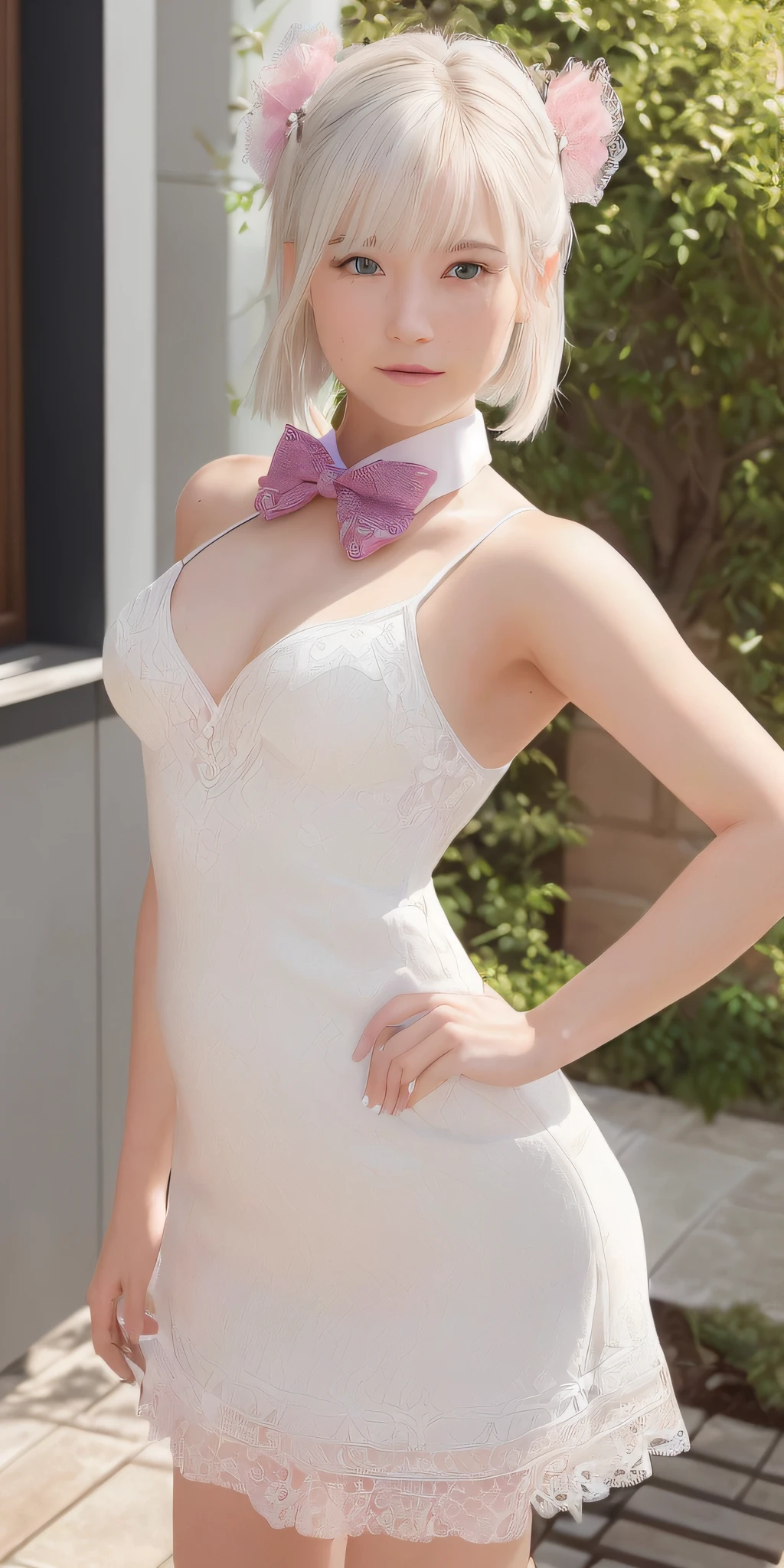 realisitic, 1 girl, White hair, purples eyes, glare eyes, top cut, overskirt, parted lips, blush, natta, flowers, floor, floorlight,