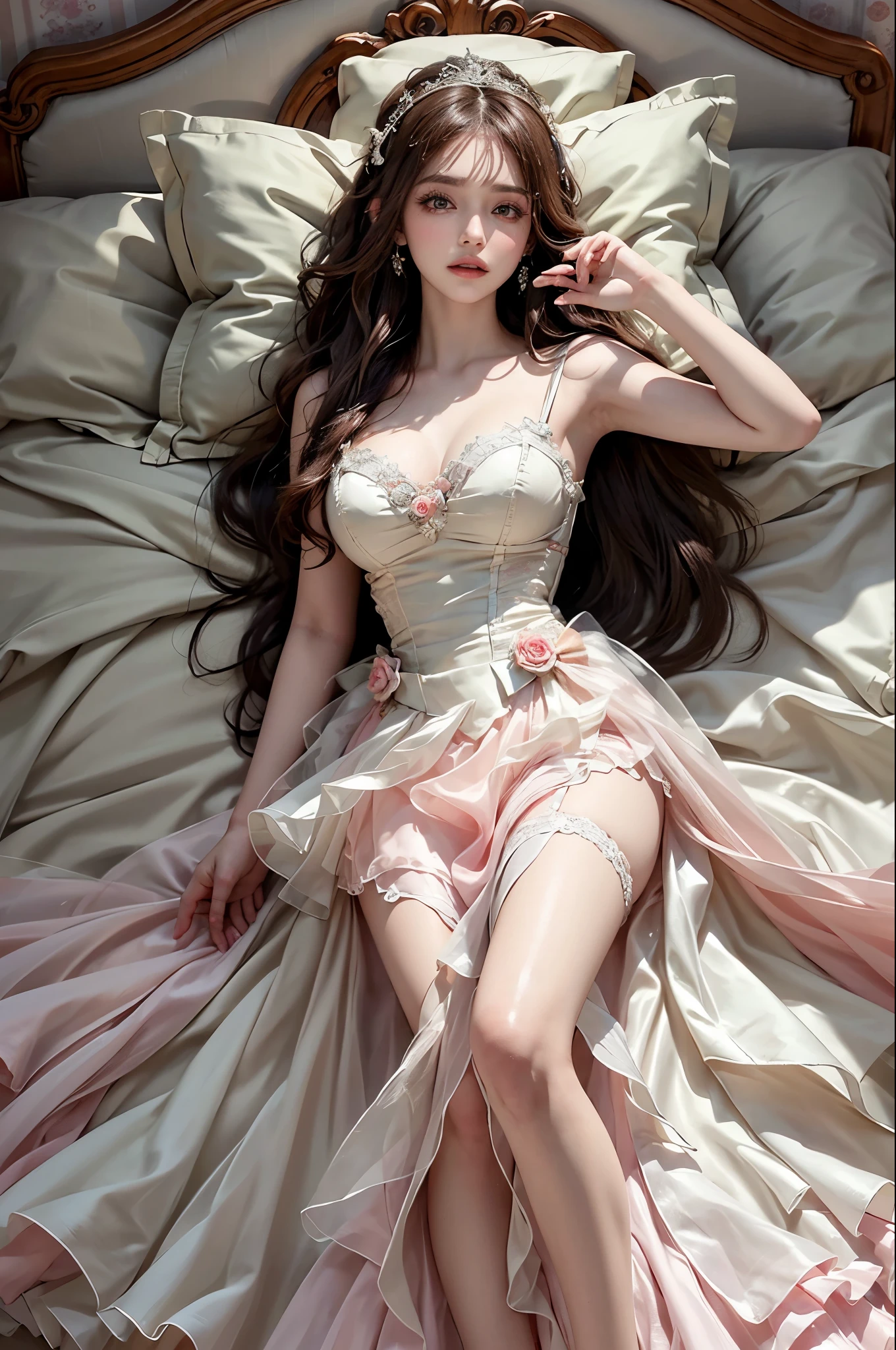 Romantic Rosette dress2, Best quality,Ultra-detailed,Realistic,A high resolution,Portrait,Beautiful woman, Palatial bed,ornate bed,Flawless makeup,suns rays,Beauty,elicate and refined,Stunning,