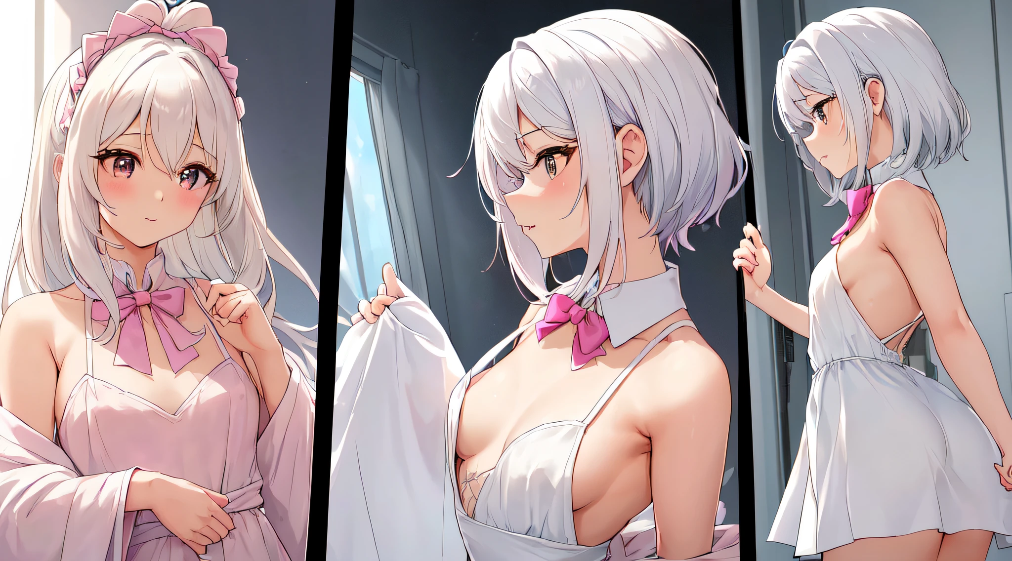 (((profesional: Paso a paso, taking into account even the smallest detail, Resultado final a nivel de Dios, todos los detalles intrincados, solo 2 chicas))): "Chica anime with white hair and pink bow tie in front of a building, Chica anime: Haruno Sakura, Anime style", Deidad de pelo blanco, Mejor chica de anime, cuerpo muy atractivo, pecho grande, escote en H muy amplio, Vista lateral aleatoria, todos los detalles intrincados de la imagen, Obra maestra, pose muy sexy, vestidos cortos"