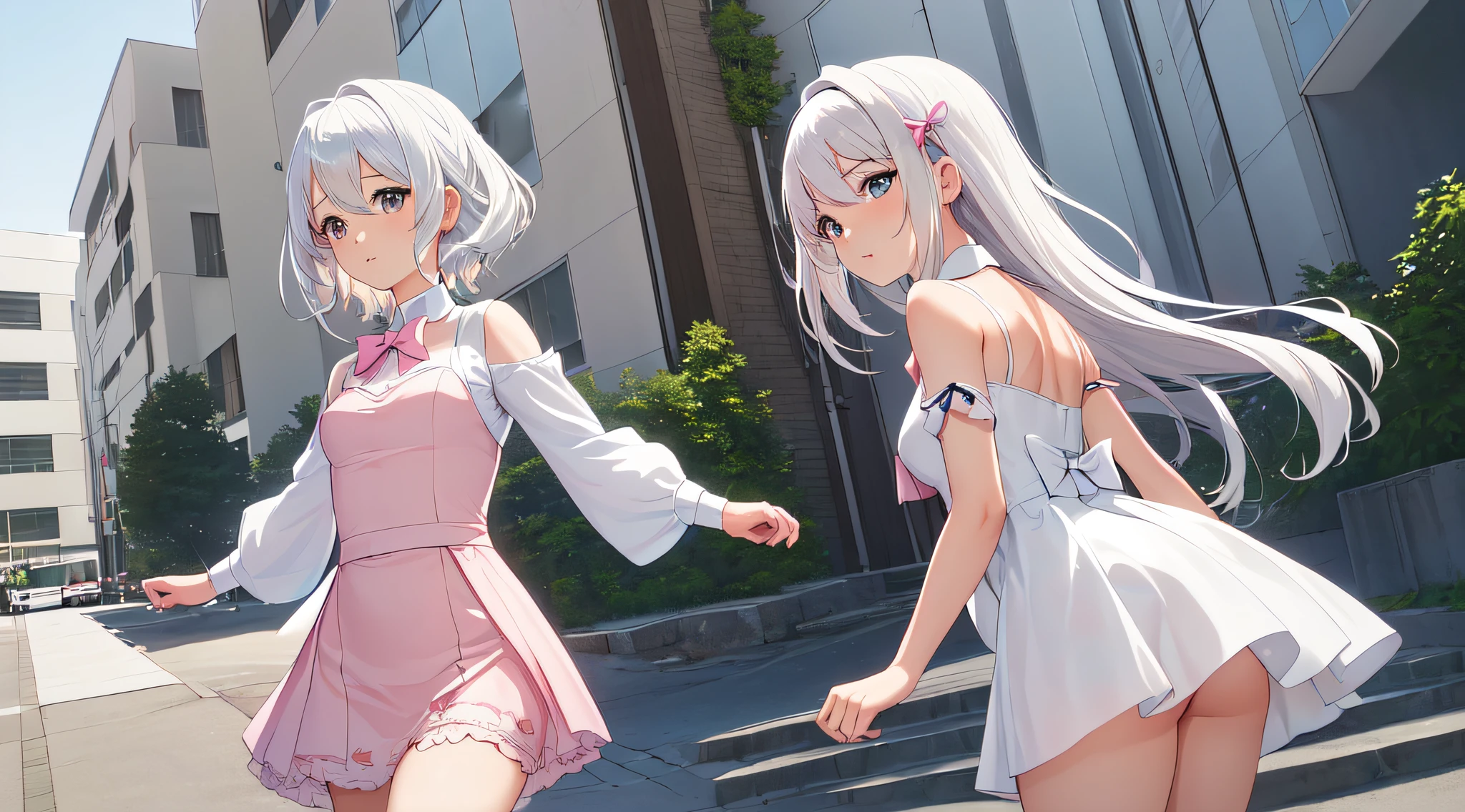 (((profesional: Paso a paso, taking into account even the smallest detail, Resultado final a nivel de Dios, todos los detalles intrincados, solo 2 chicas))): "Chica anime with white hair and pink bow tie in front of a building, Chica anime: Haruno Sakura, Anime style", Deidad de pelo blanco, Mejor chica de anime, cuerpo muy atractivo, pecho grande, escote en H muy amplio, Vista lateral aleatoria, todos los detalles intrincados de la imagen, Obra maestra, pose muy sexy, vestidos cortos"