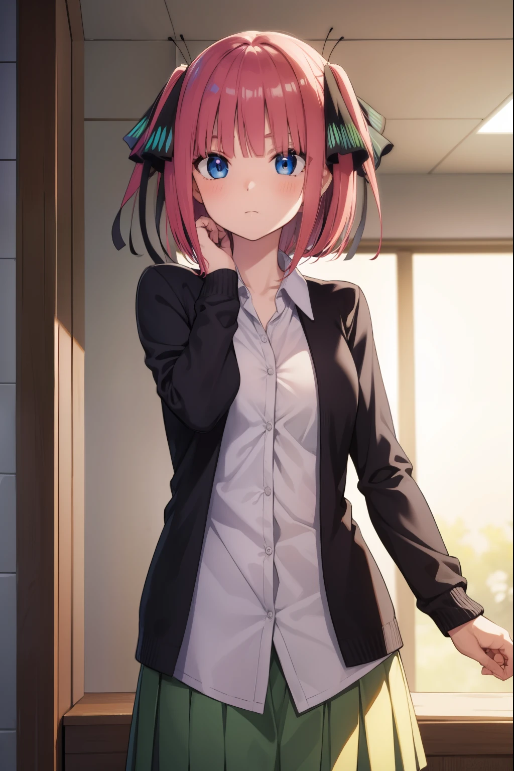 ninonakano, nino nakano, short hair, bangs, blue eyes, hair ornament, hair ribbon, pink hair, blunt bangs, two side up, butterfly hair ornament,
BREAK skirt, shirt, long sleeves, white shirt, pleated skirt, open clothes, collared shirt, sleeves past wrists, dress shirt, cardigan, green skirt, open cardigan, black cardigan,,
BREAK indoors, classroom, school,
BREAK looking at viewer, BREAK (masterpiece:1.2), best quality, high resolution, unity 8k wallpaper, (illustration:0.8), (beautiful detailed eyes:1.6), extremely detailed face, perfect lighting, extremely detailed CG, (perfect hands, perfect anatomy),