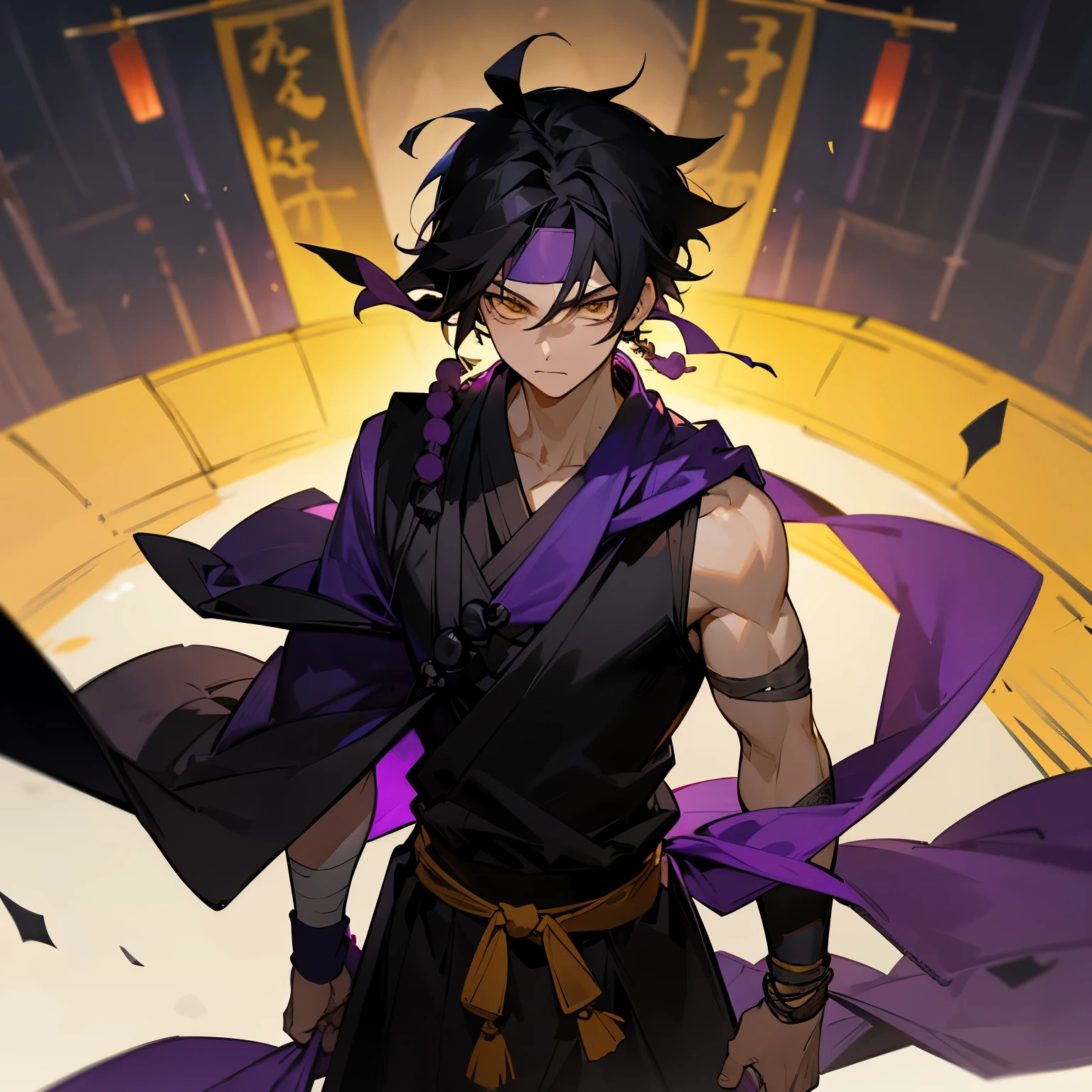 Adult Male, Muscular, Purple headband , black clothing , Short hair , arm bands , purple aura , , messy medium length black hair, finely detailed yellow eyes, walking down path, bandages wrapped around arms, best light and shadows, sleeveless black shirt, poncho, prayer beads bracelet, dojo, lanterns, somber expression
