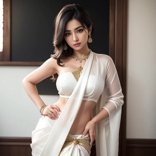 a cute woman in a white silk sari posing for a picture, featured on instagram, seductive, angular, , hot, sexy, wet body