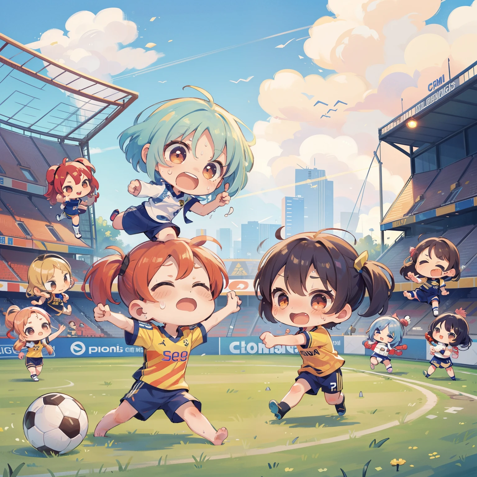 (Children's Day illustration), three children dressed in casual sportswear raise their hands and cheer on the football field, which is bright and warm, surrounded by streamers and balloons, and the crowd cheers. Characters occupy a small part of the picture.