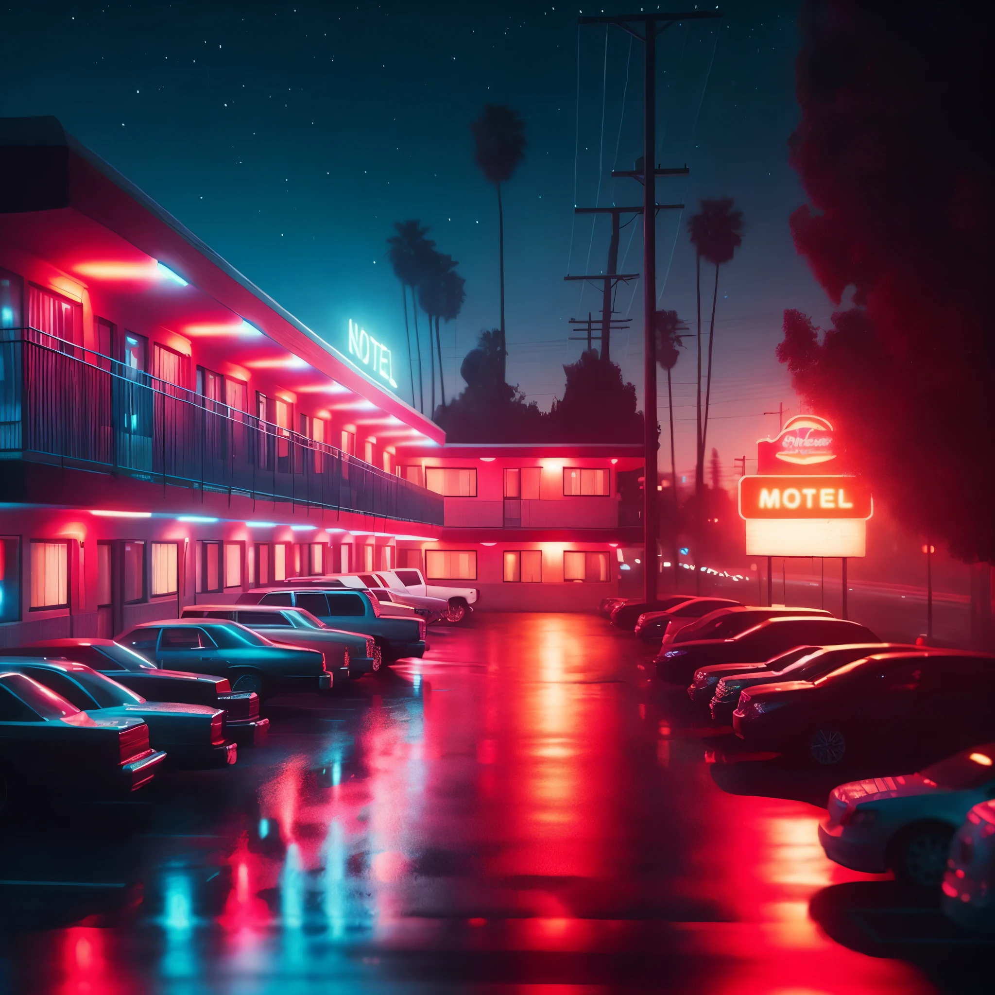 a view of a motel at night with cars parked in the parking lot, artem demura beeple, misty neon lights, cinematic neon matte painting, at night with neon lights, neon night, synthwave aesthetic, neon lights, 3 d render beeple, beeple. hyperrealism, neon ambience, red and cinematic lighting