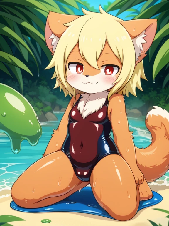 Alone, External, Red pupils,, (wet fur:1.4), detailed hair, young,one piece swimsuit,Firmware version, furry anime, Bragon, very cute face, face flushed, Playful, young, detailedbackground, Detailed fanart, pixiv, digitial painting, tmasterpiece, high high quality, A high resolution,Kneeling in slime on the beach,Thighs covered with slime,random colors,random species,solo portrait,Foot mats,legs separated,The tail is in the right place,((posterior view))feet visible,Watching from behind,Cat's paws