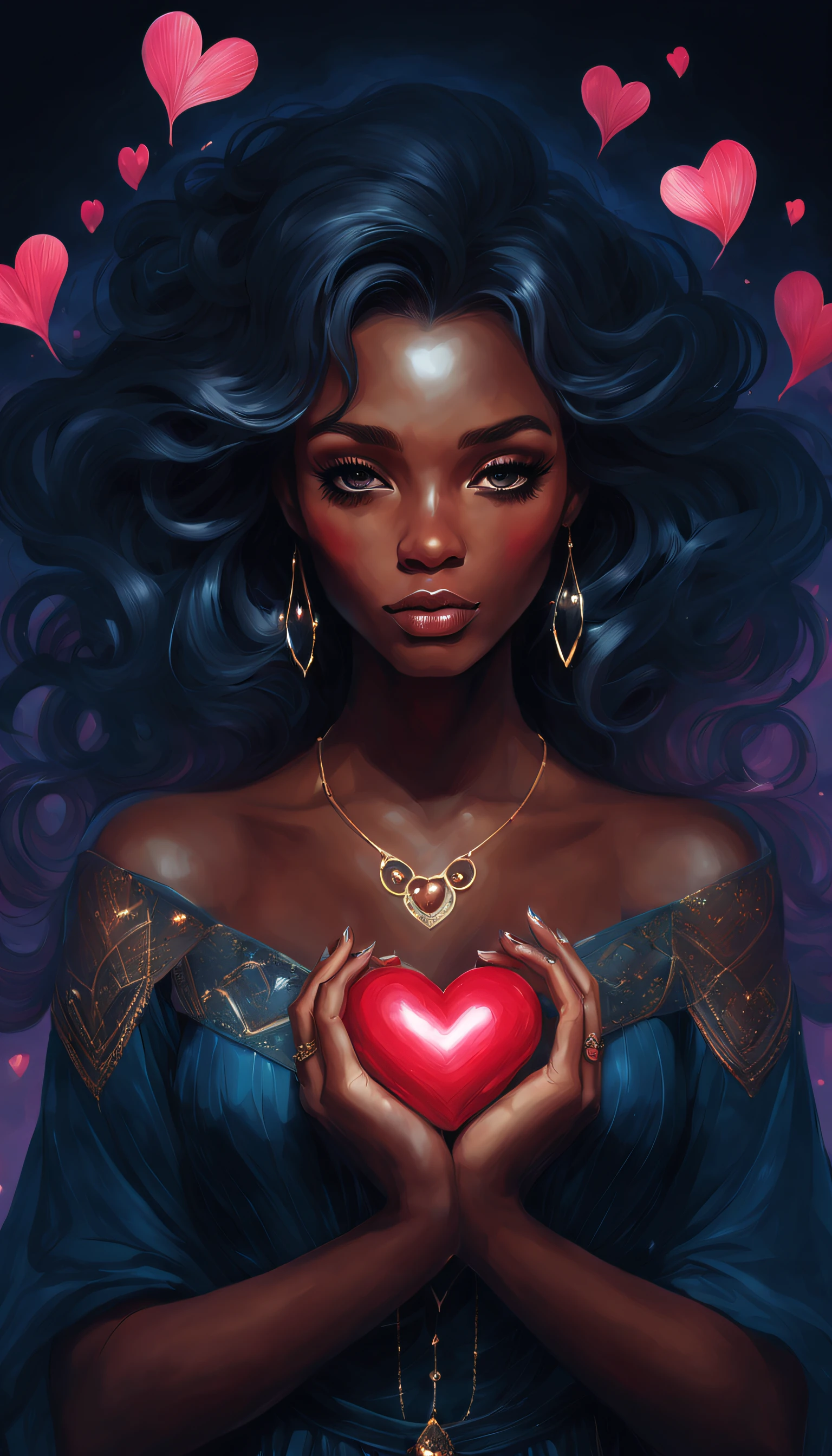 painting of a woman with a heart in her hands, neoartcore and charlie bowater, jen bartel, charlie bowater art style, beeple and jeremiah ketner, dark skin female goddess of love, artgerm julie bell beeple, charlie bowater rich deep colors, beautiful digital artwork, beautiful digital illustration, charlie bowater character art