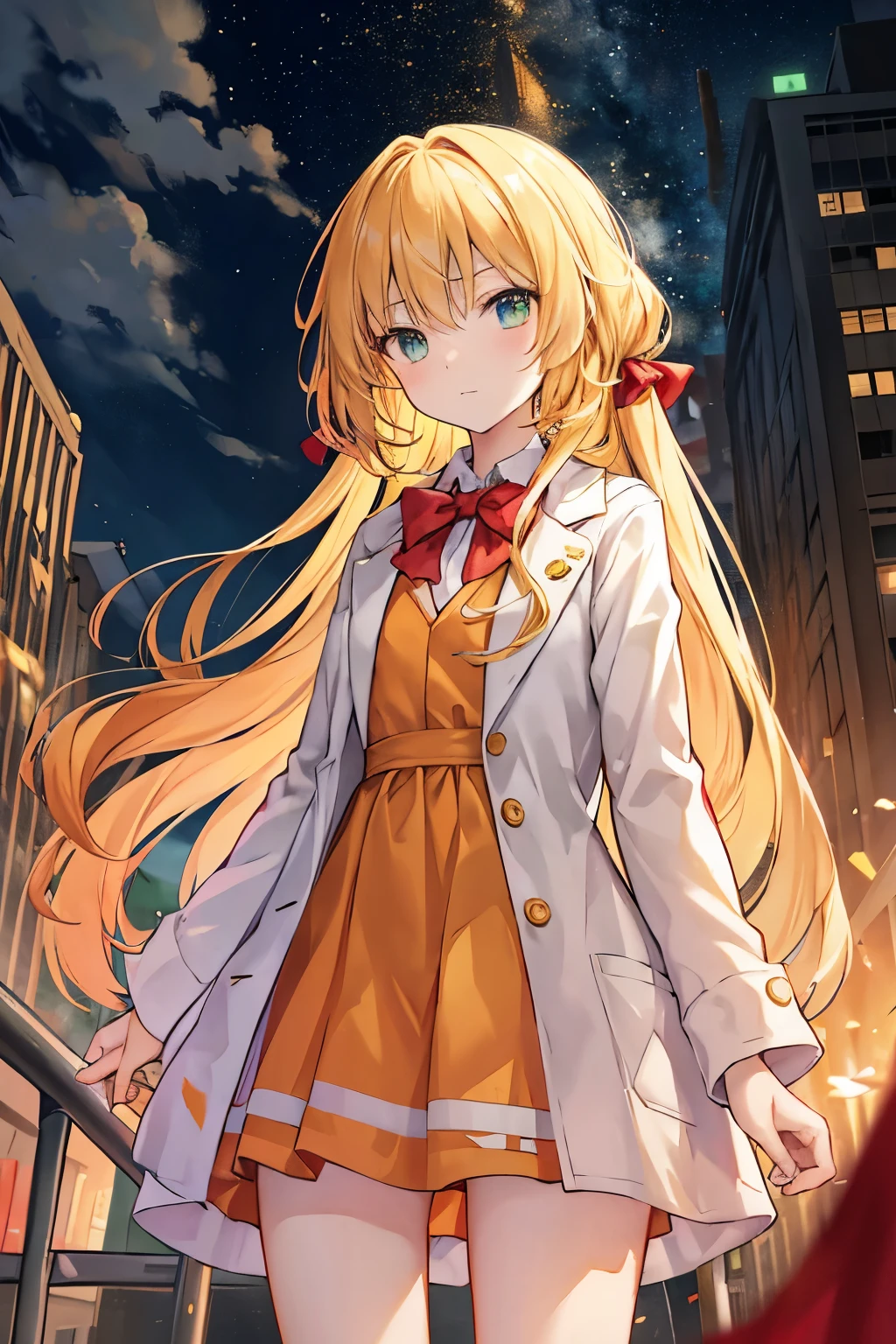 Anime Chorus of the Prisms - Girl, petite, long golden hair, cream-colored eyes, green-orange dress, red bow, torn lab coat, torn clothes, standing on a high-rise building in one of the destroyed land cities, is a "quantum ghost"