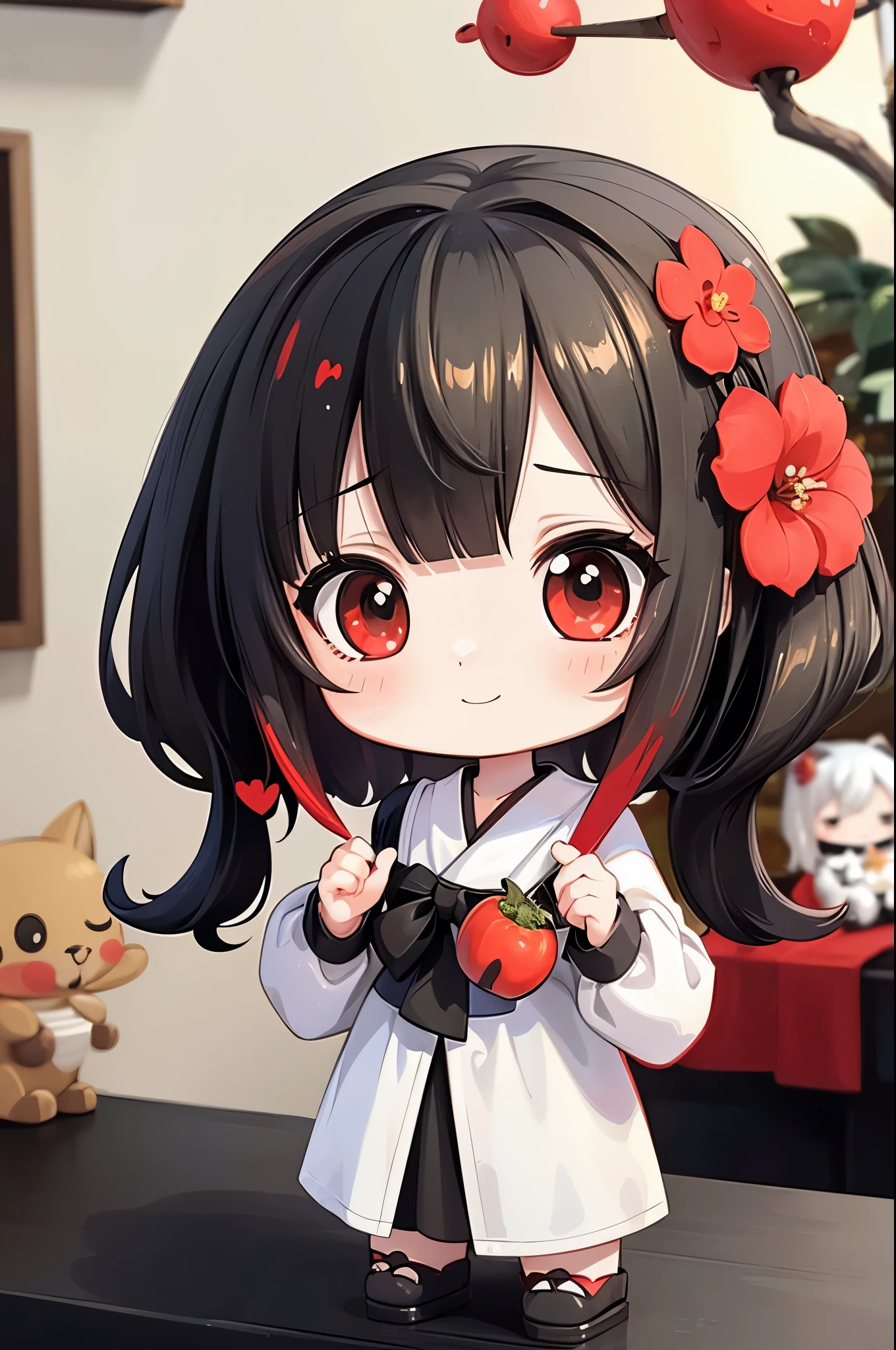 photoRealstic、((using white, black and red))、Doll standing in front of the painting(nendroid)、A smile、Water droplets on the cheeks、In a cute pose、(High Definition Figure)、up of face、Eye Up、Colorcon with heart pattern、There is also a flower in front of the petal below the Nendoroid...、season!!: 夏天☀ 🍂