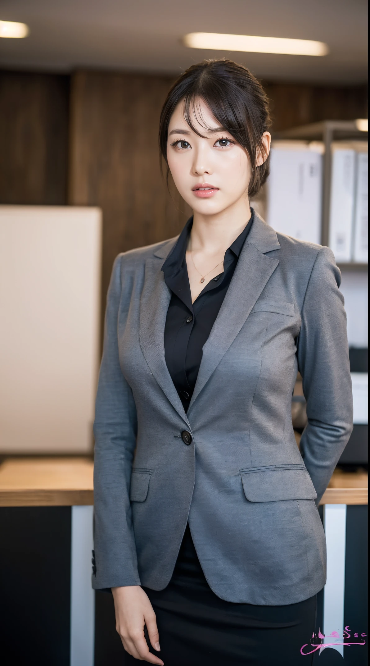 (masutepiece,High quality:1.3),(depth of fields:1.3) ,((front body:1.35)), Japanese ,beautiful woman,Chignon,Black Piece suit, collared shirt, Black pencil skirt,Huge breasts,(Looking at Viewer:1.3),(Full body:1.2),office