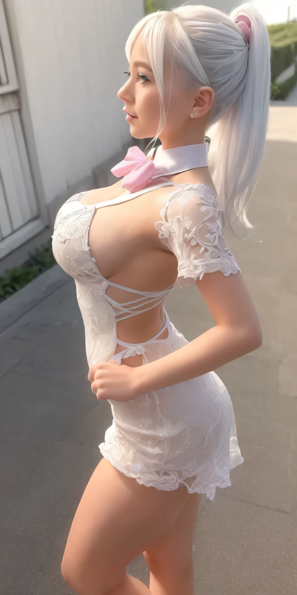 (((profesional: Paso a paso, taking into account even the smallest detail, Resultado final a nivel de Dios, todos los detalles intrincados, solo 2 chicas))): "Chica anime with white hair and pink bow tie in front of a building, Chica anime: Haruno Sakura, Anime style", Deidad de pelo blanco, Mejor chica de anime, cuerpo muy atractivo, pecho grande, escote en H muy amplio, Vista lateral aleatoria, todos los detalles intrincados de la imagen, Obra maestra, pose muy sexy, vestidos cortos"