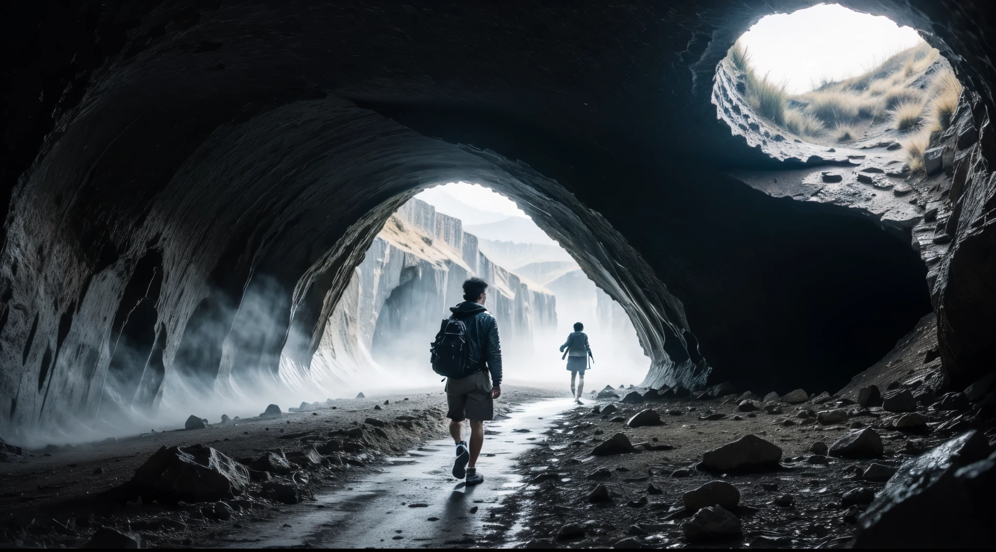 (best quality,highres),(realistic:1.37),A Saudi young man walking inside a dark cave,rocky terrain,shadows,faint light,handsome detailed face,stalactites,stalagmites,shimmering underground lake,moonlight filtering through the cracks,breathtaking atmosphere,fearless expression,ancient cave paintings,echoing footsteps,dark abyss,mysterious aura,perfectly timed composition,dusty air,beaming flashlight,natural wonders,exploring the unknown,adventure,discovering hidden treasures,quiet solitude,epic adventure soundtrack,vivid colors,sharp focus,ominous silence