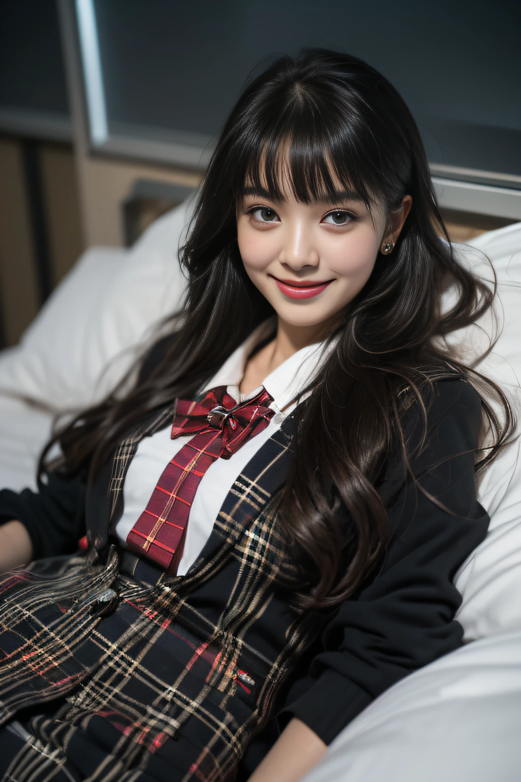 ((Girl lying in bed)),(A hyper-realistic)、(illustratio)、(hight resolution)、(8K)、(ighly detailed)、(ベストillustratioレーション)、(beautifully detailed eyes)、(top-quality)、(ultra-detailliert)、(masterpiece)、(wall-)、(A detailed face)、独奏、1 girl in、looking at viewert、fine detailed、A detailed face、in the darkness nigth、deep-shadows、lowkey、pureerosfaceace_v1、A smile、long、Black shawl straight hair、46-point diagonal bangs,female students、(white blazer chest measurement)、Translucent white blouse、red bowtie、(Miniskirts in bright colors,Plaid)、A smile,