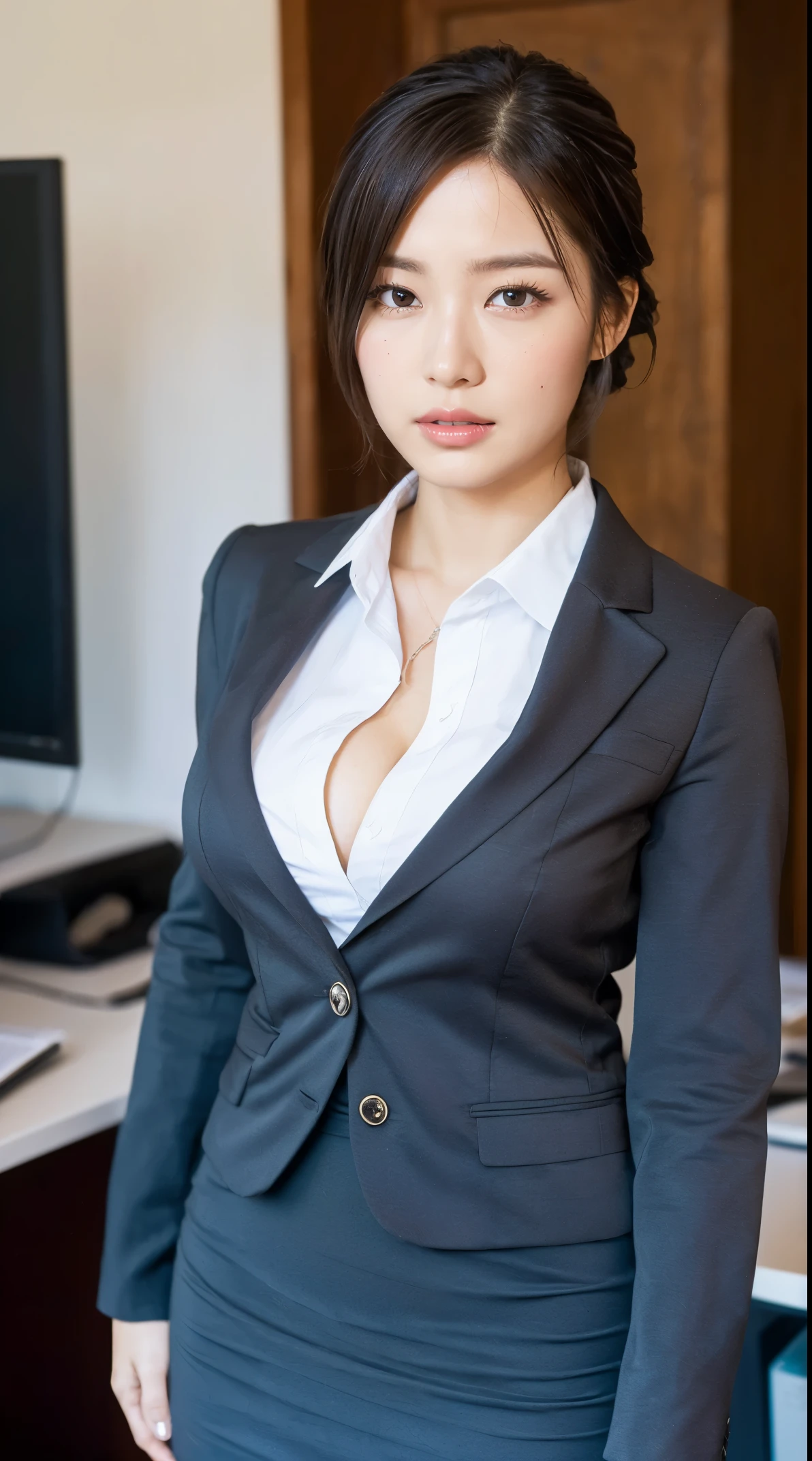 (masutepiece,High quality:1.3),(depth of fields:1.3) ,((front body:1.35)),  Japanese ,beautiful woman,Chignon,Black Piece suit, collared shirt, Black pencil skirt,Huge breasts,(Looking at Viewer:1.3),(Full body:1.2),office