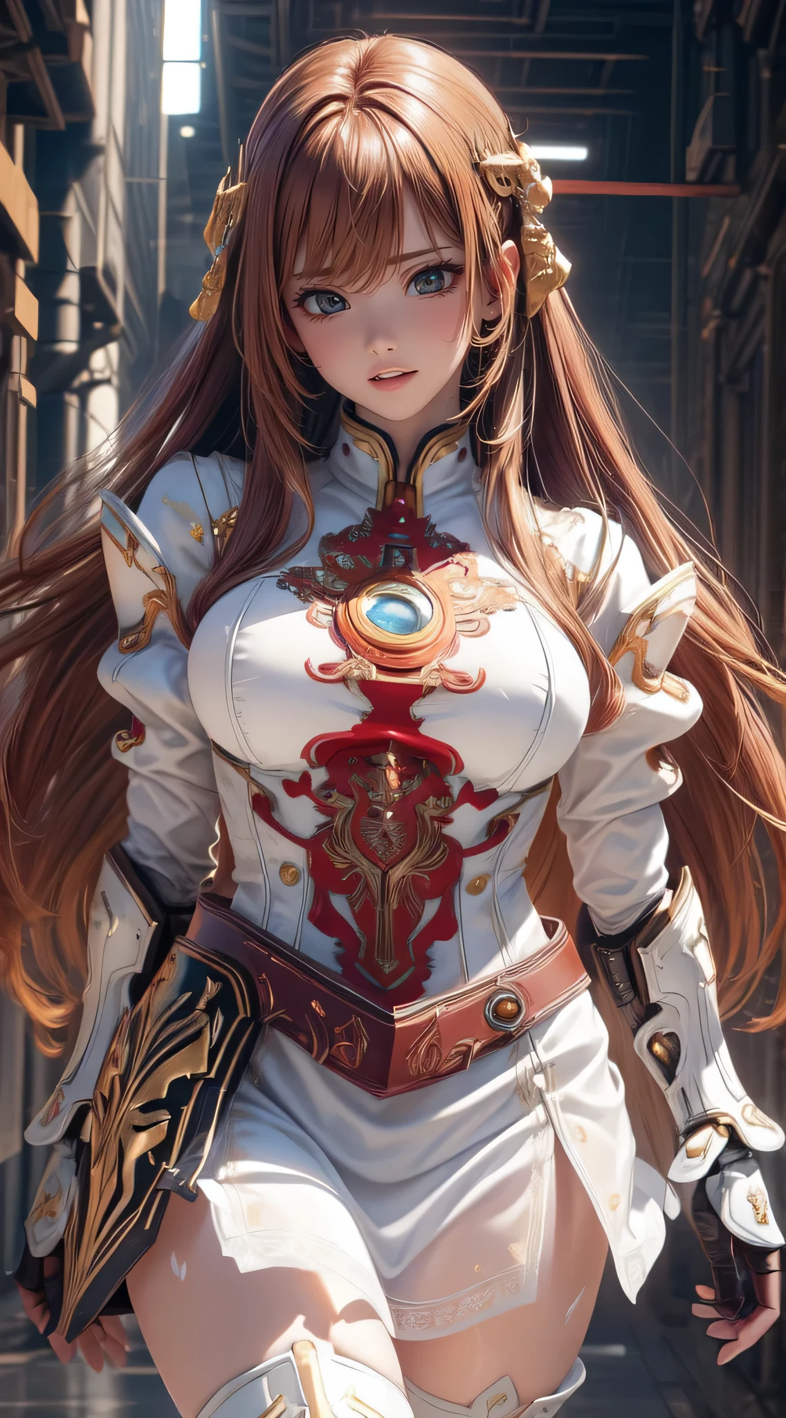 (Cinematic scene,Fantasy Art,Highest image quality,hyperrealistic portrait,(8K),Ultra-realistic,Best Quality,High quality,High Definition,high quality texture,high detailing,Beautiful detailed,fine detailed,extremely details CG,Detailed texture,realistic representation of face,masutepiece,presence,Dynamic,Bold),1gir,Ultra detailed skin,Curve,Petite,Beautiful breasts,Large breasts,pale skin,pointed breast,Erect nipples,(Thin hair),(Soft hair),(ultra straight hair),Swept long bangs,very light coppery amber hair,Hair over one eye,NSFW,Yuri,(Pornographic Images),(Leather boots,(asymmetrical mechanical armor),(long embroidered white lace dress,see through,Lift the hem of the dress))