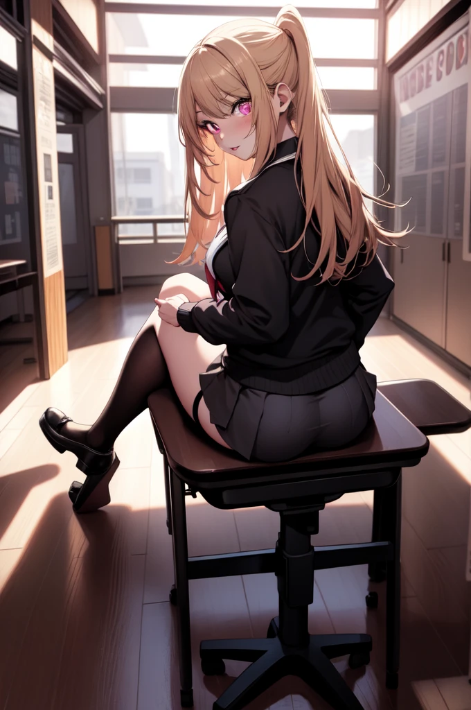 anime, beautiful face, highly detailed face, detailed perfect eyes, pink eyes, perfect hair, perfect lips, accurate arms, accurate hands, perfect legs, accurate footware. highly detailed background, perfect lighting, full body, 2legs only, 1girl, solo, ruby hoshino, ruby, oshi no ko, in a classroom, in school, heels, blonde hair, thighhighs, stockings, absurdres, high res, ultrasharp, 8K, masterpiece, looking at viewer, (sexy pose:1.4), (full body:1.5), teasing face, school outfit, school uniform, skirt, beautiful panties, sitting down, body face away from viewer, looking back over her shoulder, view from behind, ass view, reverse cowgirl position, riding position.