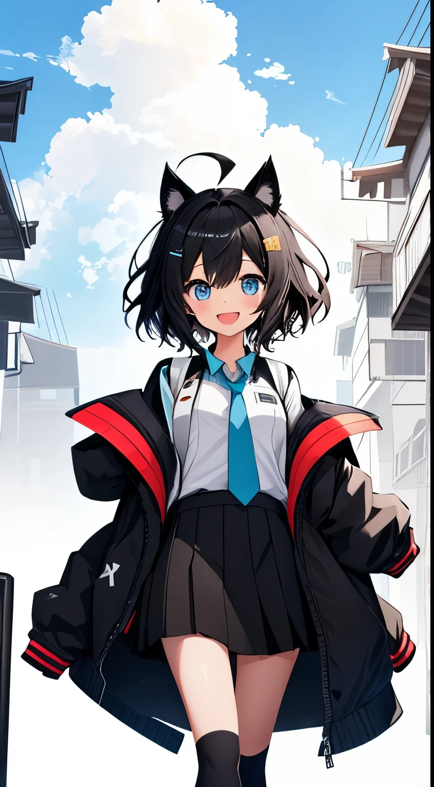 1girl with, Open mouth, Smile, Virtual Youtuber、girl with、((Best Quality, high_resolution, Distinct_image)),(Black hair), (Black cat ears), (Ahoge), (absurdly short hair), (Wavy Hair), (Blue eyes),、A smile、((concept-art))、Dressed in student uniform。((Arms at sides))((Upright))、独奏、Girl with 1 person、above knee、White background、symple background、Front-facing。Lori。Gamine。Mini。