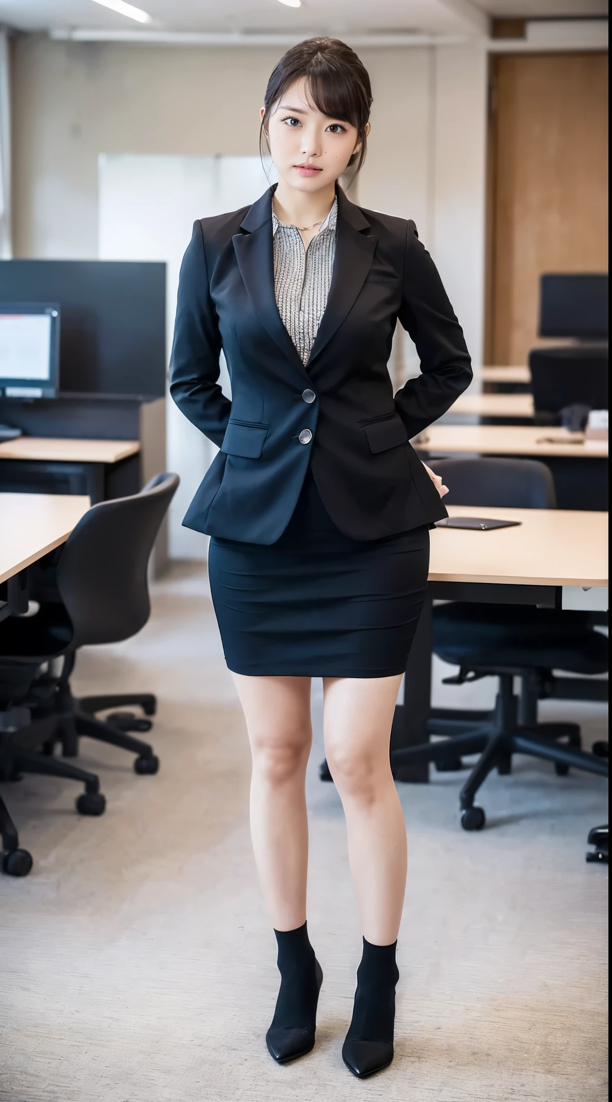 (masutepiece,High quality:1.3),(depth of fields:1.3) ,((front body:1.35)), Japanese ,beautiful woman,Chignon,Black Piece suit, collared shirt, Black pencil skirt,Huge breasts,(Looking at Viewer:1.3),(Full body:1.2),office