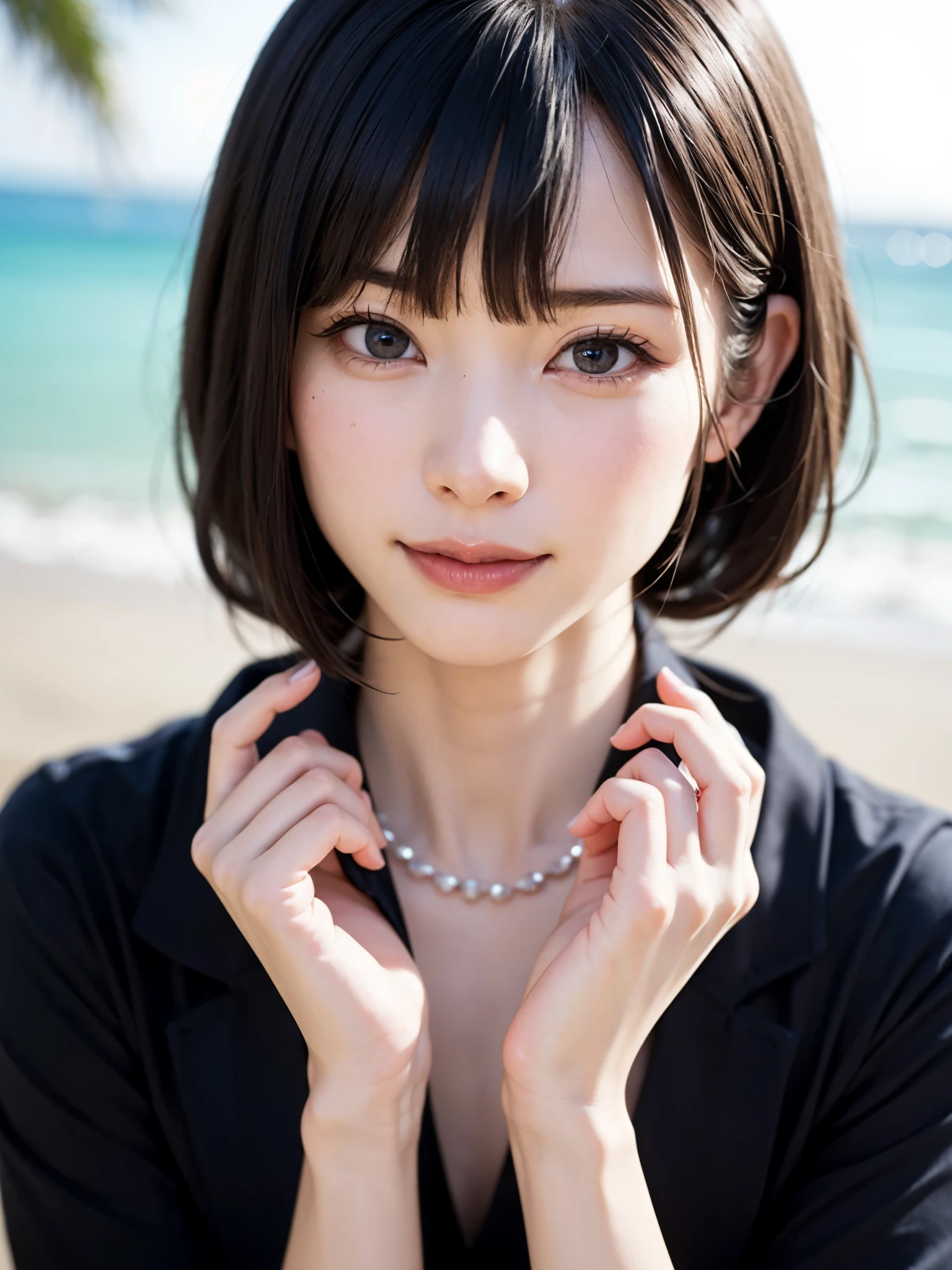 女の子1人、top-quality、realisitic、report、depth of fields、natural soft light、during daytime、魅惑的、beauitful face、Cleanliness、Pure face、de pele branca、cute hawk hair、bangss、the beach、rays of sunshine、Nedium Breast Body Esbian、((Beautiful face with sweater golden ratio Beautiful face with symmetry))、long neck、Put your ears out、Clean short bob hair with bangs、Smile with your mouth closed:1.4、Smile with your mouth closed:1.4、Perfect fingers、perfect hand、Perfect body、face perfect、Shine a light into the eyes、Perfect Anatomy:1.4、very cute super model:1.4