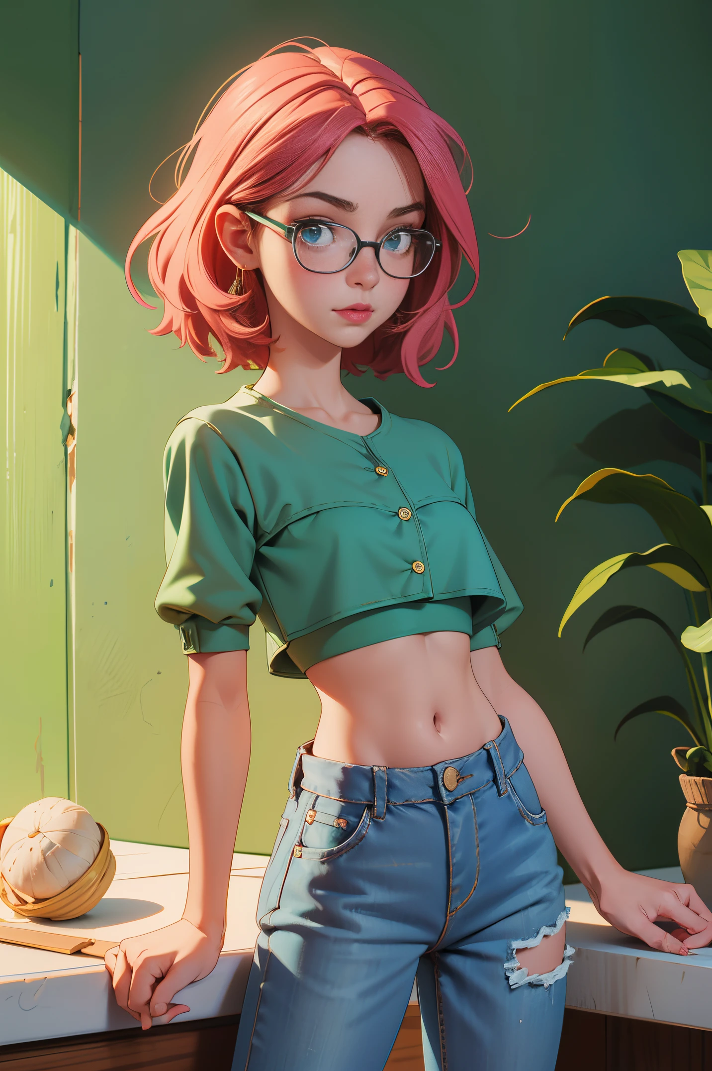 1******, seios pequenos, quadris pequenos, olhos verdes, cabelo rosa, crop top, shorts jeans, quarto, coxas listradas,pequeno, eyeglass, olhos bonito e retalhado.