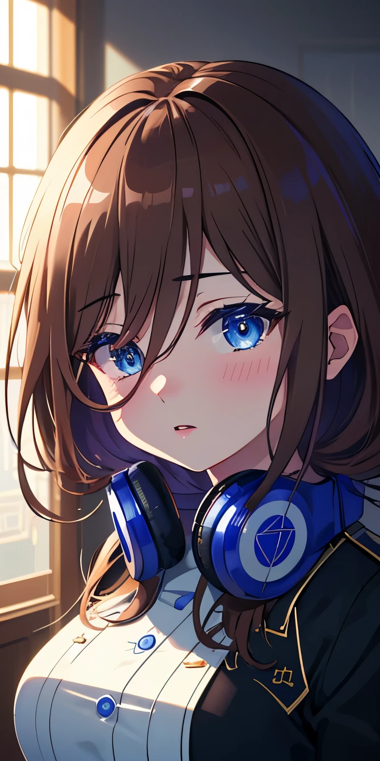 Masterpiece, best quality, (very detailed CG unity 8k wallpaper) (best quality), (best illustration), (best shadowiku Nakano, Miku, brown hair, blue eyes, uniform, indoors, beautiful detailed eyes