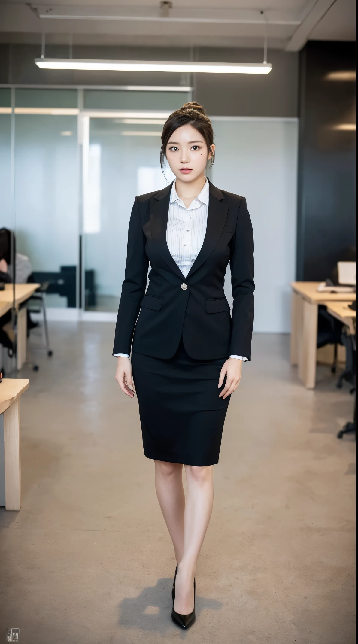 (masutepiece,High quality:1.3),(depth of fields:1.3) ,((front body:1.35)), Japanese ,beautiful woman,Chignon,Black Piece suit, collared shirt, Black pencil skirt,Huge breasts,(Looking at Viewer:1.3),(Full body:1.2),office