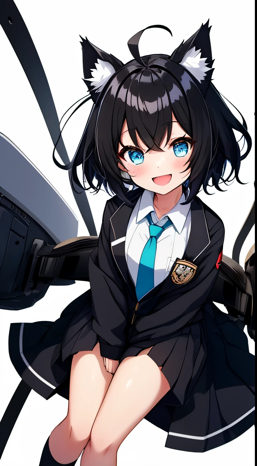 1girl with, Open mouth, Smile, Virtual Youtuber、girl with、((Best Quality, high_resolution, Distinct_image)),(Black hair), (Black cat ears), (Ahoge), (absurdly short hair), (Wavy Hair), (Blue eyes),、A smile、((concept-art))、Dressed in student uniform。wore a tie((Arms at sides))((Upright))、独奏、Girl with 1 person、above knee、White background、symple background、Front-facing。Lori。Gamine。Mini。