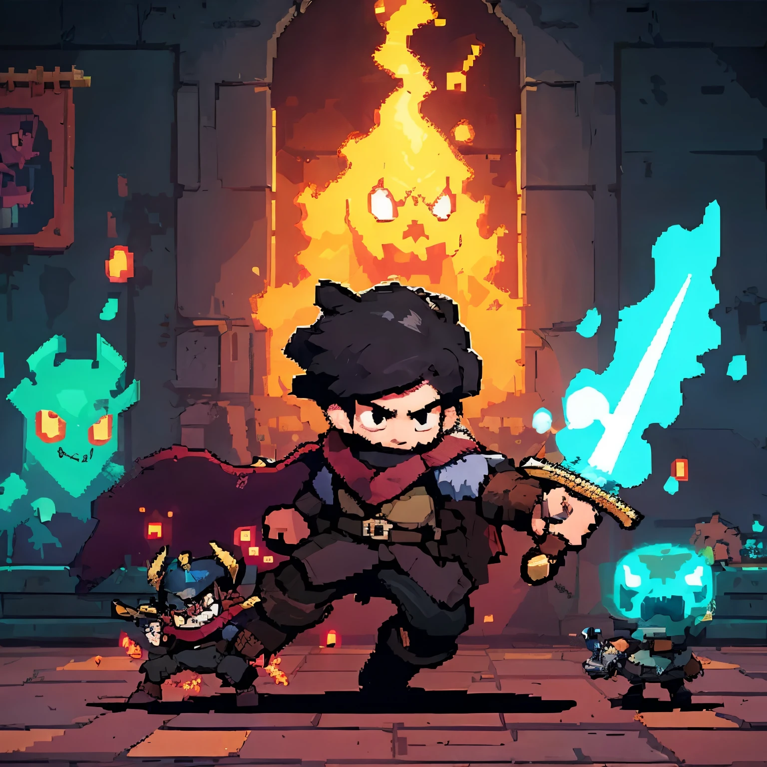 Image of a man holding a sword in a room, Roguelike, Roguelike style, 2d game fanart, in the art style of and Mumford, el bosco and and Mumford, rpg game style, and Mumford. Virtual rendering, Angry character waving sword, ( ( ( ( ( and Mumford ) ) ) ) )