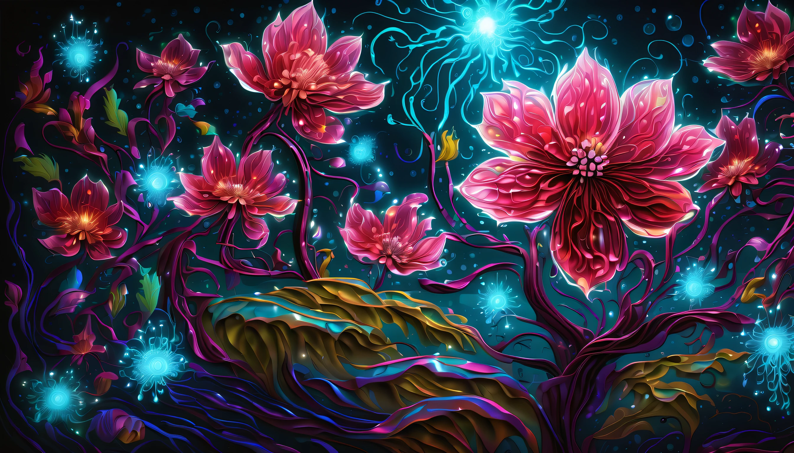 (((All Contains Elements Magical Plants in Fiber Optic Light Painting Illustration:1.3))), epic trance, Flowers, Glass-like, Shine like a crystal, divine, dark fantasy plants, beauty glitter, neuron fruit coating, (((specular bioluminescence:1.3))), Dark fantasy world, radiation, Lots, snowflake vision, many shining visions, flower of madness, frenzy rose, Cherry blossoms blooming like crazy, Rapture Shadow Watermelon, brilliance of fanaticism, grunge gouache, Palette knife and brushstroke supplements, Complex and crazy matte painting, radiance of eerie beauty, High contrast light and shadow, inspired by the abyss, (dark rich colors:1.1), dark cyan wine red, high-detail、hight resolution, Hyper realistic, detailed brushwork, 8K rendering with stunning intricate detail, (((Super illustration that looks like beautiful brush strokes:1.3))), High quality, of the highest quality, Best Quality, true masterpiece, masterpiece lighting, Cinematic Angle, glass ground,