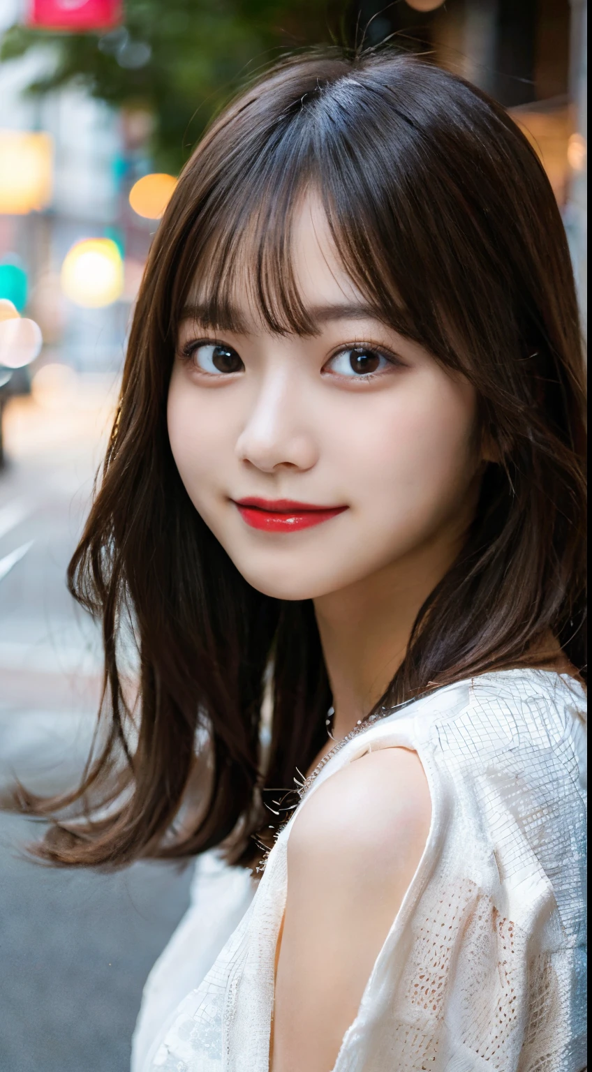 Imagen：「8K、 Best Quality、finely detail、photo-like、realisitic、hight resolution、Beautiful girl at 18 years old、Fine skin」 Background with：「random place、detaileds、realisitic、facesアップ」 faces：「童facesメイク、綺麗なdetailedsな目、Sareme、Very big eyes、Clean double eyelids、笑faces、show teeth、Hairstyle is all back、Unified hair length left and right」 accessoires：「Simple piercing」