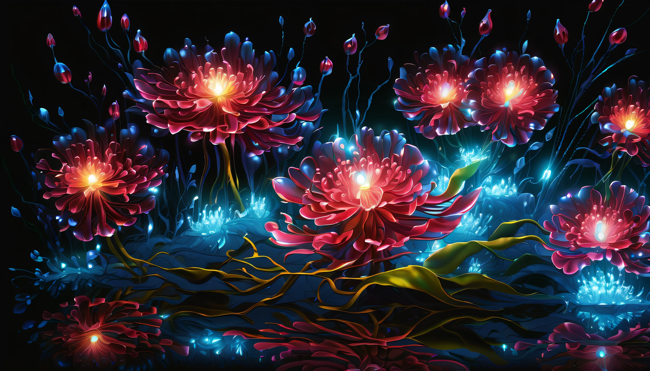 (((All Contains Elements Magical Plants in Fiber Optic Light Painting Illustration:1.3))), epic trance, Flowers, Glass-like, Shine like a crystal, divine, dark fantasy plants, beauty glitter, neuron fruit coating, (((specular bioluminescence:1.3))), Dark fantasy world, radiation, Lots, snowflake vision, many shining visions, flower of madness, frenzy rose, Cherry blossoms blooming like crazy, Rapture Shadow Watermelon, brilliance of fanaticism, grunge gouache, Palette knife and brushstroke supplements, Complex and crazy matte painting, radiance of eerie beauty, High contrast light and shadow, inspired by the abyss, (dark rich colors:1.1), dark cyan wine red, high-detail、hight resolution, Hyper realistic, detailed brushwork, 8K rendering with stunning intricate detail, (((Super illustration that looks like beautiful brush strokes:1.3))), High quality, of the highest quality, Best Quality, true masterpiece, masterpiece lighting, Cinematic Angle, glass ground,