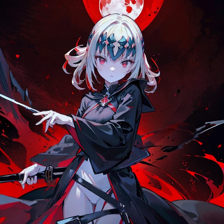 gazing at viewer、has a two handed sword、Wearing a black robe、Red Eyes、Wearing a red aura、Holding a scythe、Fantasticalな背景、Pretty Woman、Best image、masterpiece、Fantastical、