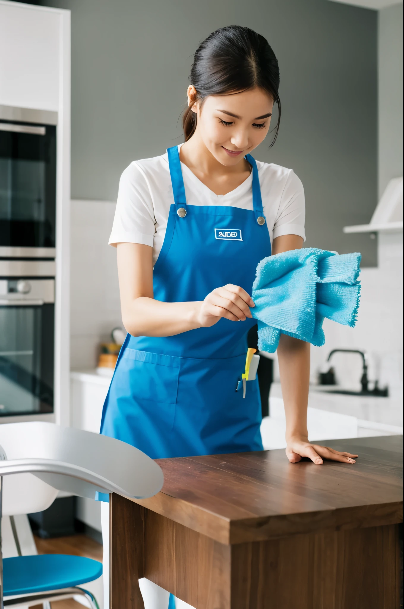 A woman in blue apron cleaning a kitchen counter with a blue towel ...
