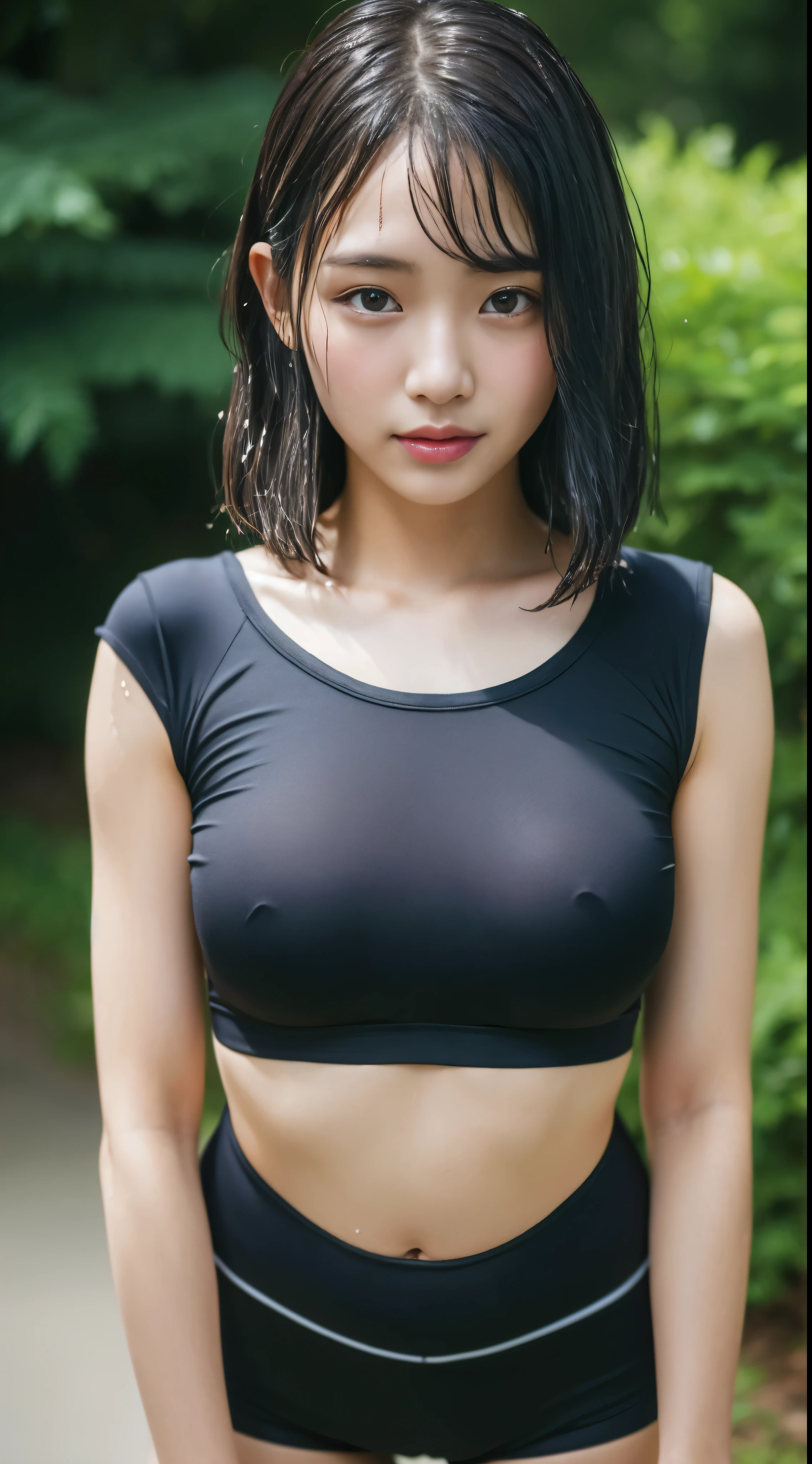 Highly detailed CG Unity 8k wallpaper, of the highest quality, super detailed, masutepiece, Realistic, photographrealistic, extremely detailed cute girl, , Round eyes, viewer, blush, , Upper body , (get sweaty) , Camisole , ((sports gym))、Power Rack、The upper part of the body,Colossal tits,Good Style,(((body is wet with sweat))),short-cut