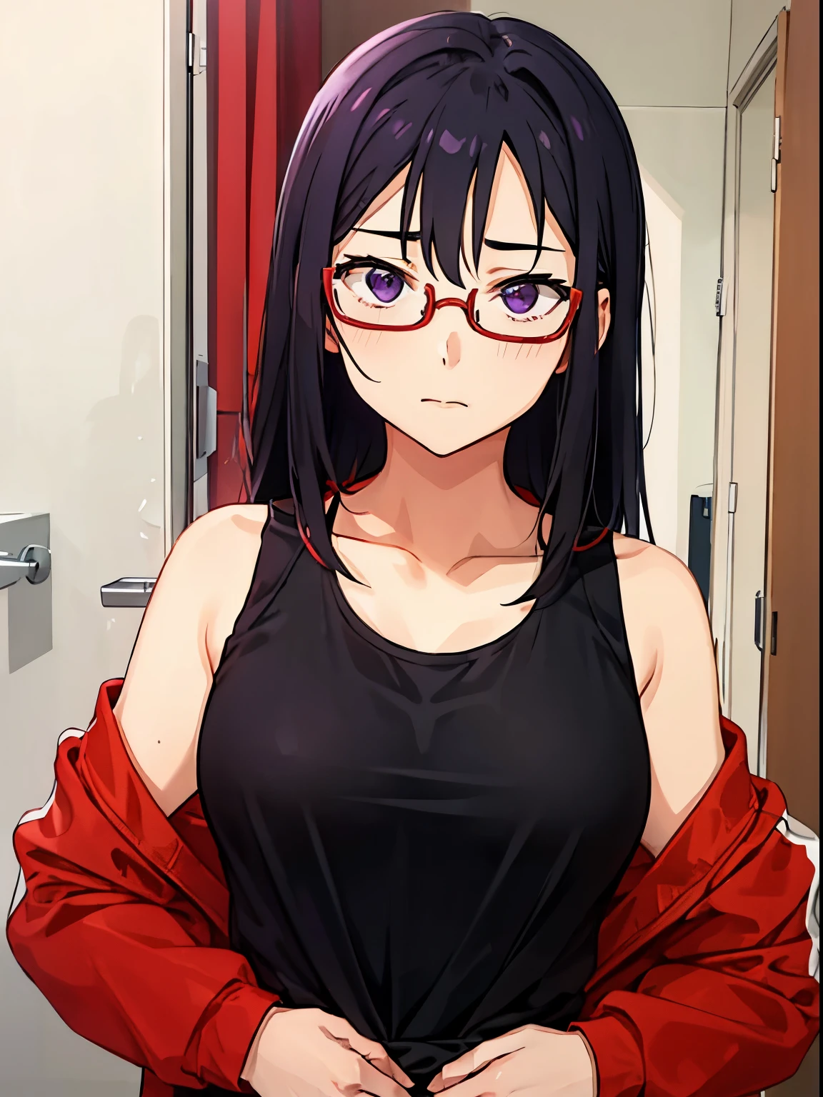 1girl, satou sakie, black hair, purple eyes, glasses, red track jacket, black tank top, open clothes